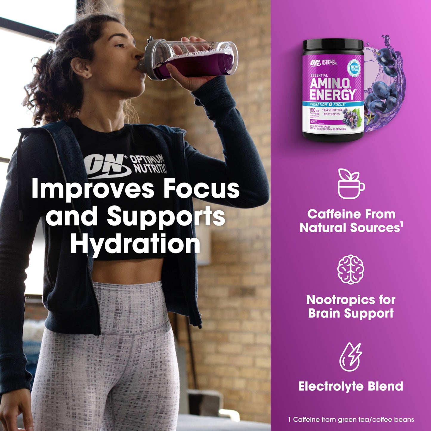 Optimum Nutrition Amino Energy Powder Plus Focus, Grape, 9.5 Ounce
