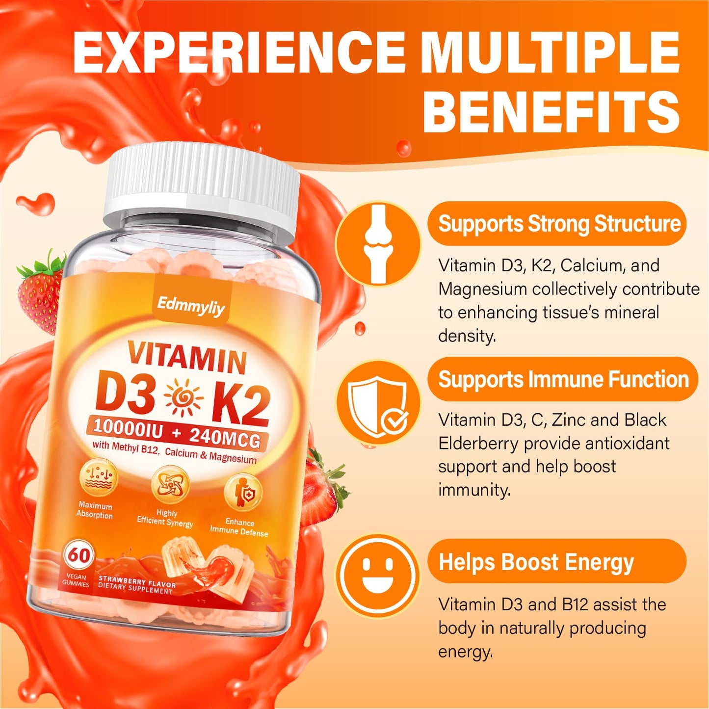 Edmmyliy Vitamin D3 Gummies with K2, Methyl B12, Calcium, Magnesium, Zinc and Elderberry - Sugar-Free, Vegan, 120 Gummies