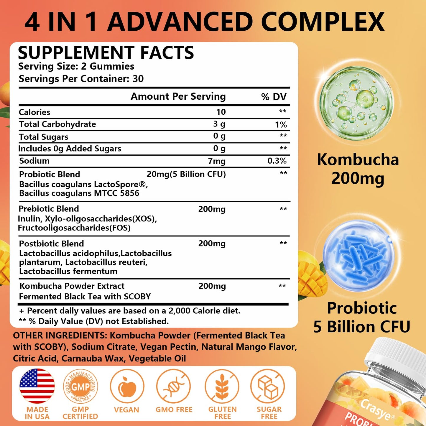 Crasye Probiotic Kombucha Gummies Sugar Free Prebiotic Postbiotic Probiotics, 60 Count