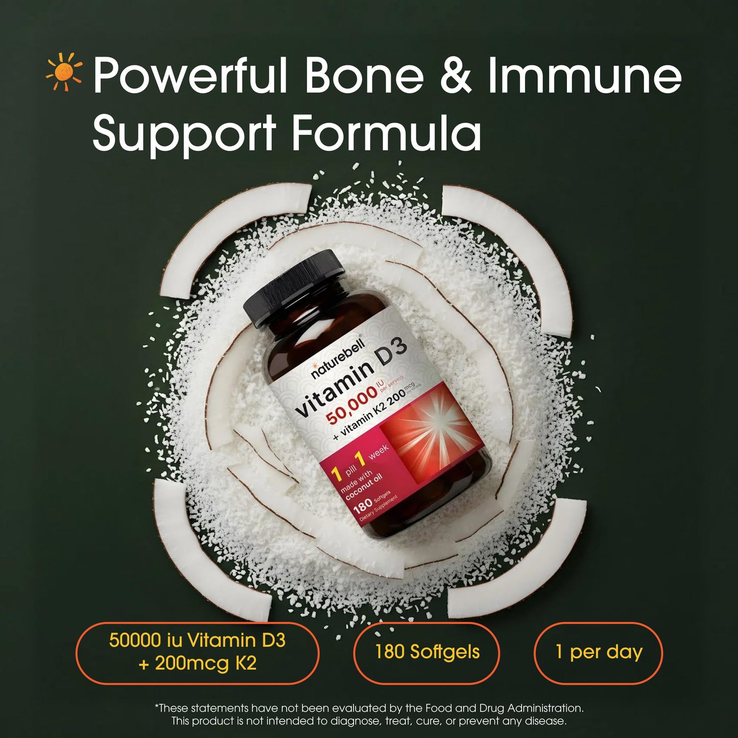 NatureBell Vitamin D3 50,000 IU with Vitamin K2 Softgels 180 Count