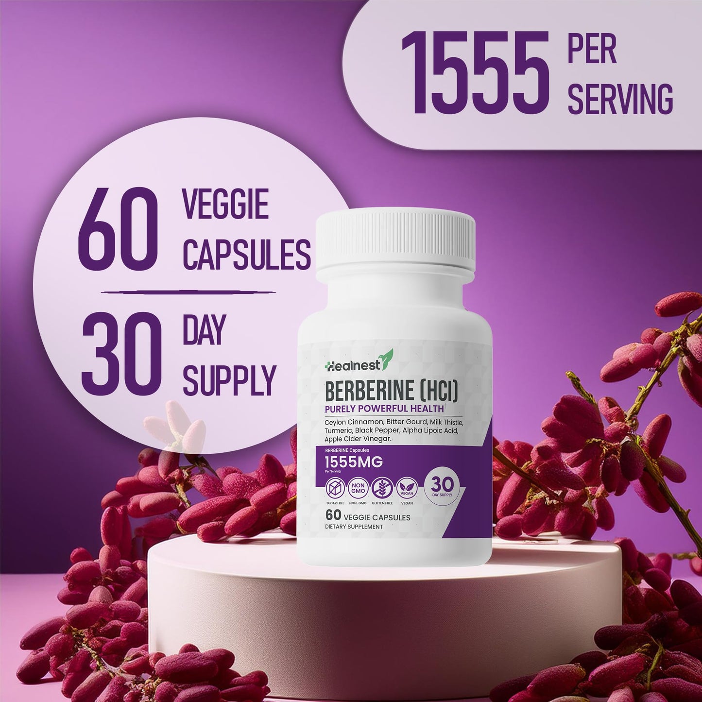HEALNEST Berberine HCl 500 mg with Ceylon Cinnamon, Turmeric, Milk Thistle, Bitter Gourd & Alpha Lipoic Acid Capsules, 60 Count