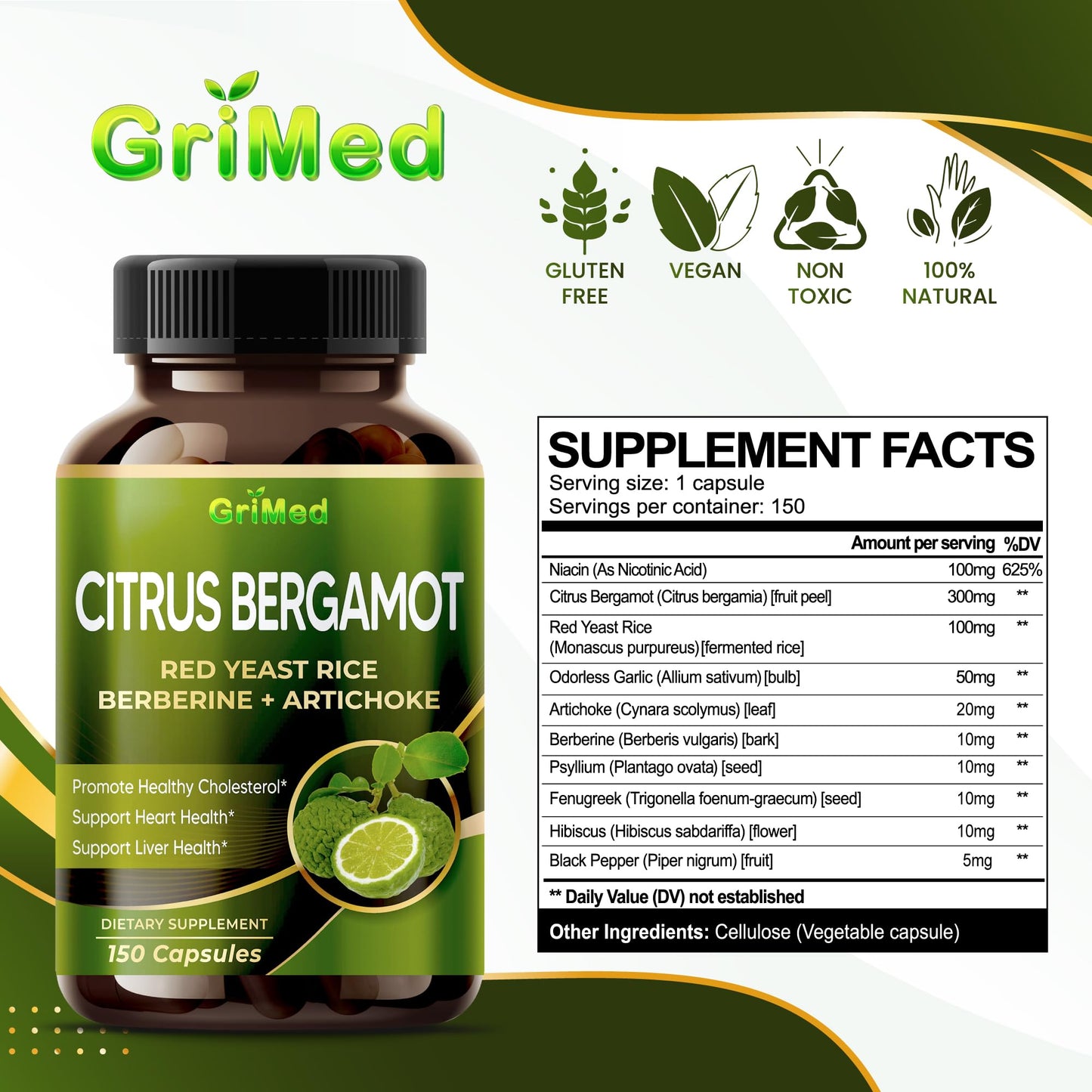 GriMed Citrus Bergamot with Red Yeast Rice, Garlic, Artichoke for Healthy Cholesterol, Heart Health Capsules, Powder 180 Count