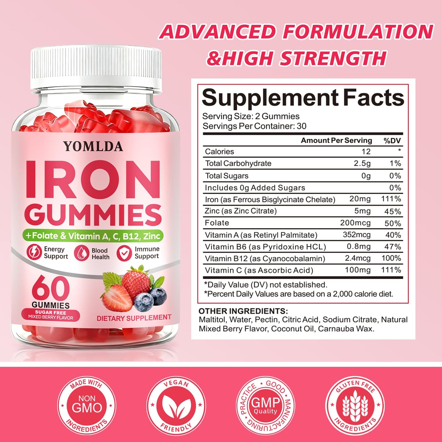 YOMLDA Iron Gummies for Women, Men & Kids - Vegan Sugar-Free with Vitamin C, A, B-Complex & Folate for Energy, Blood & Immune Support, 60 Gummies