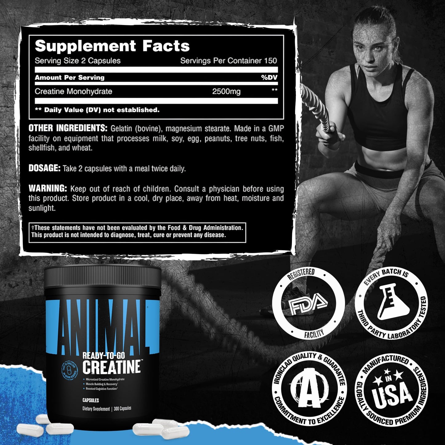 Animal Micronized Creatine Monohydrate Capsules, 300 Count