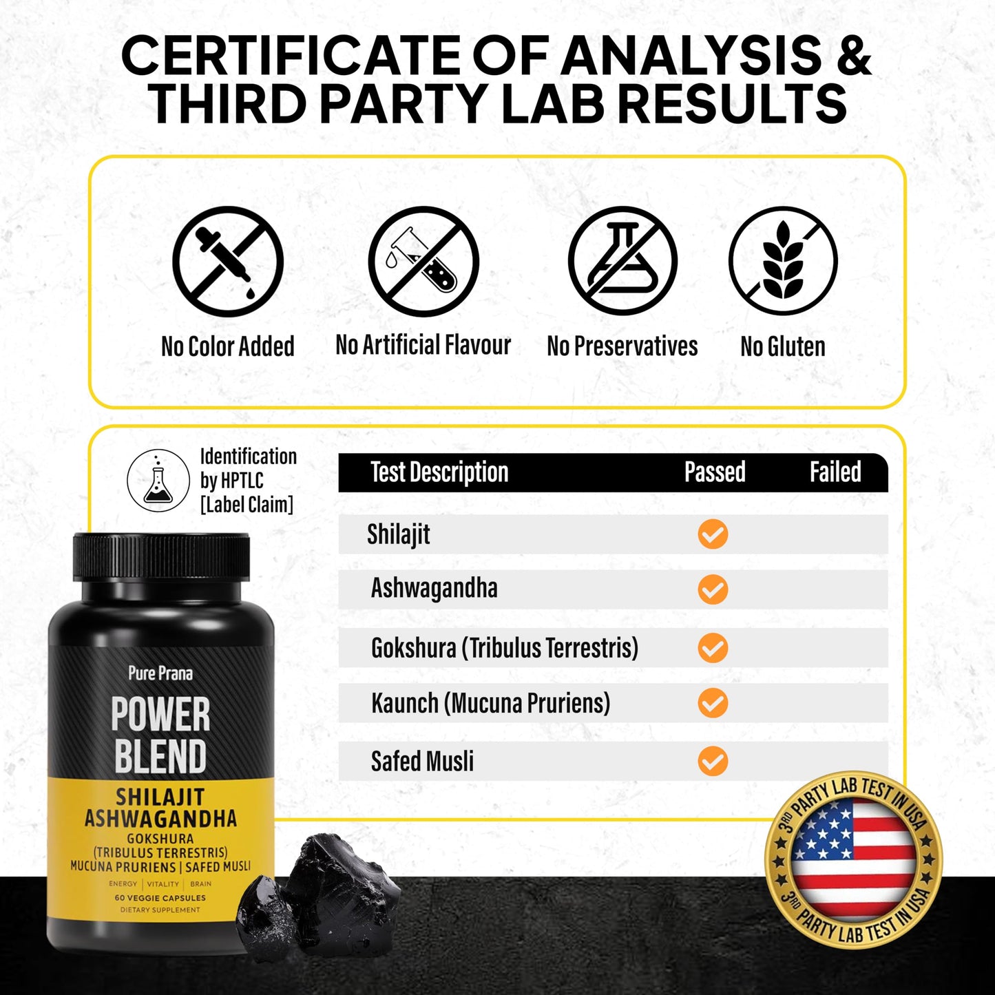 Pure Prana Shilajit for Men with Ashwagandha, Safed Musli & Gokshura - Testosterone, Energy & Vitality Support - 5-in-1 Himalayan Power Blend, 60 Veggie Capsules