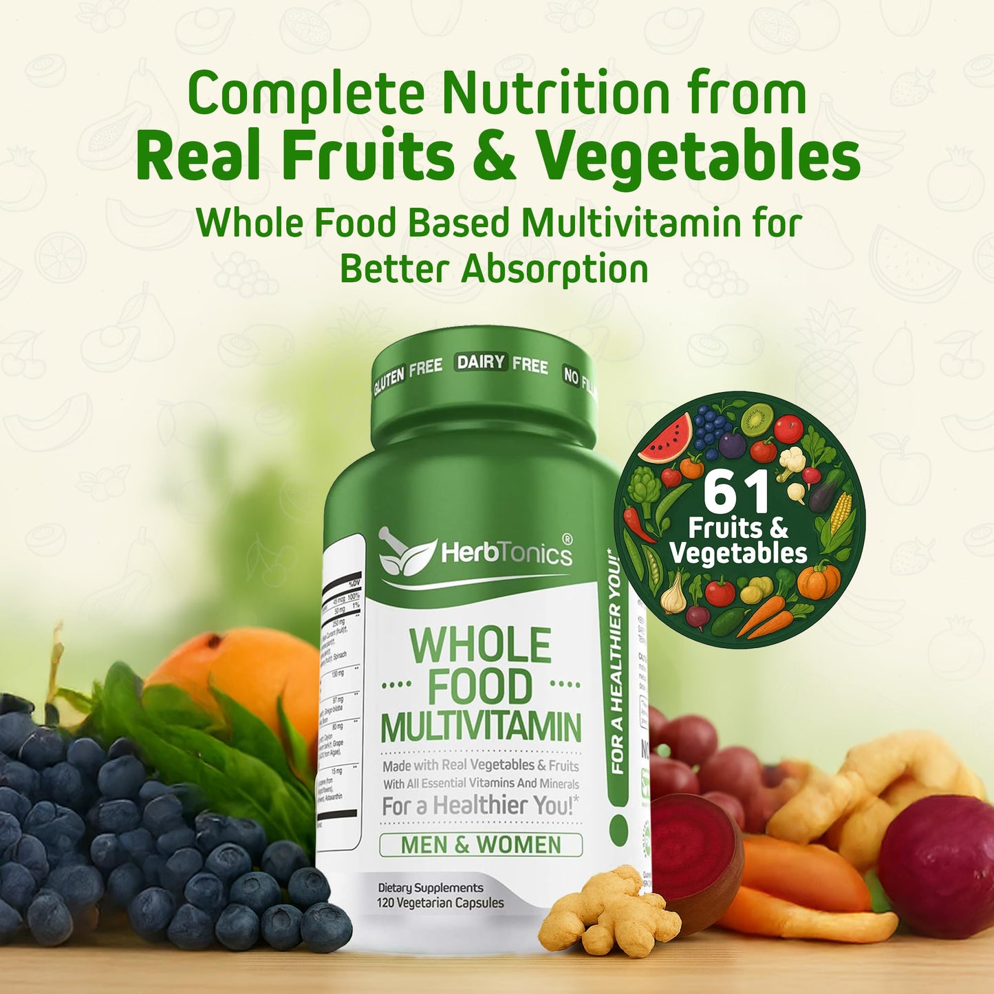 Herbtonics Whole Food Multivitamin for Men & Women – Vegan Multivitamin with Real Fruits & Veggies, Probiotics, CoQ10, Turmeric & More Capsules, 120 Count