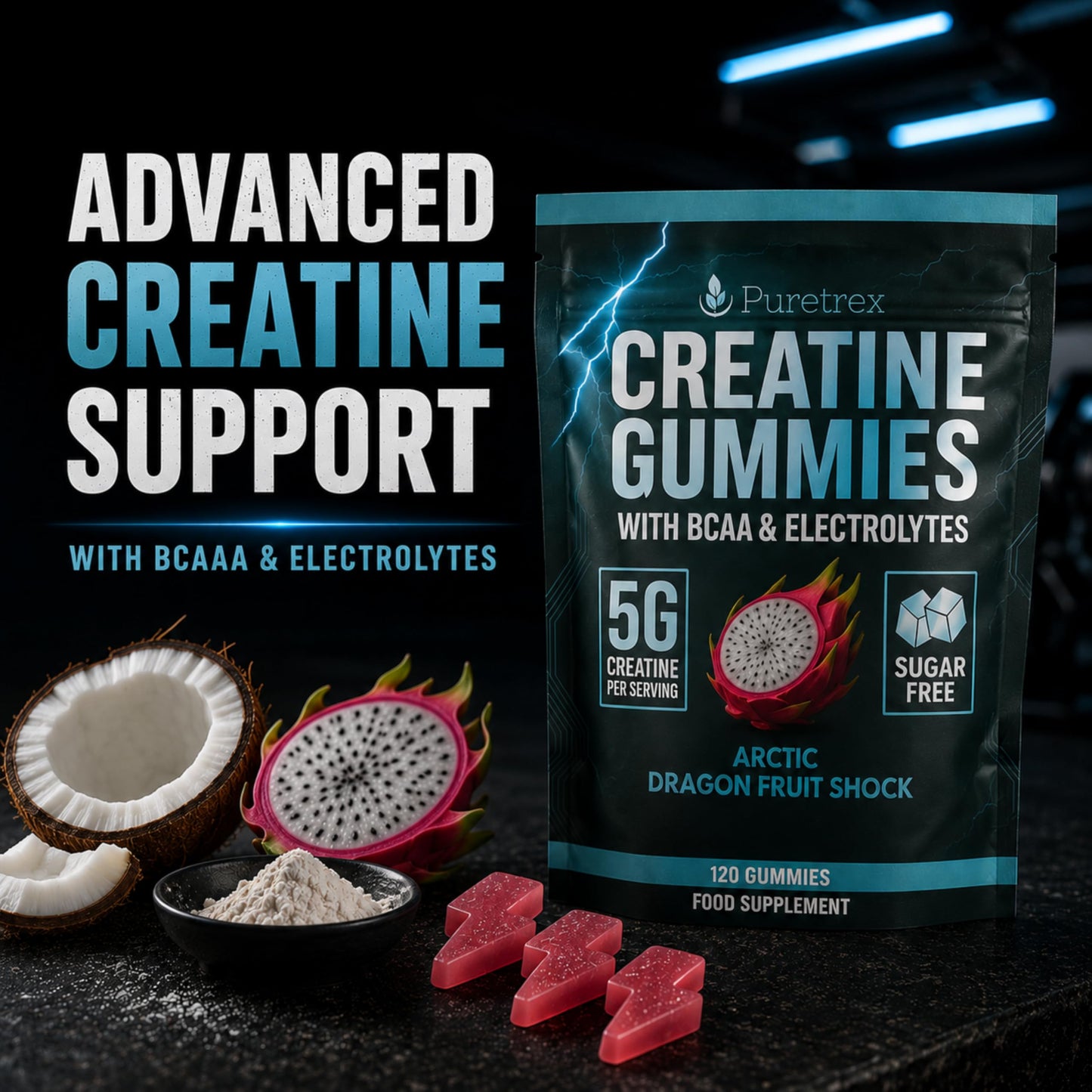 PURETREX Creatine Gummies with BCAA and Electrolytes, 120 Count