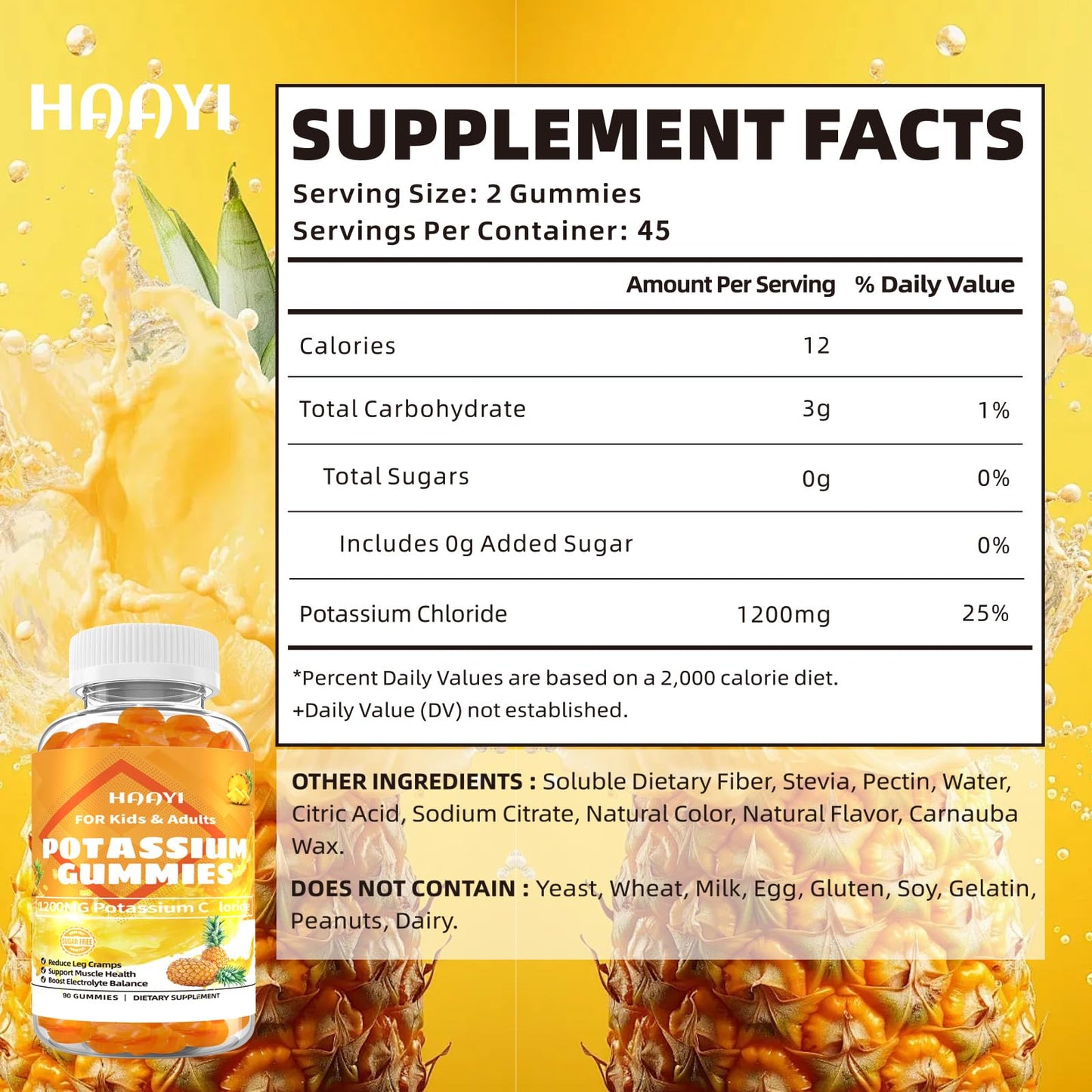 HAAYI Potassium Chloride Supplement Gummies 1200mg, 90 Count
