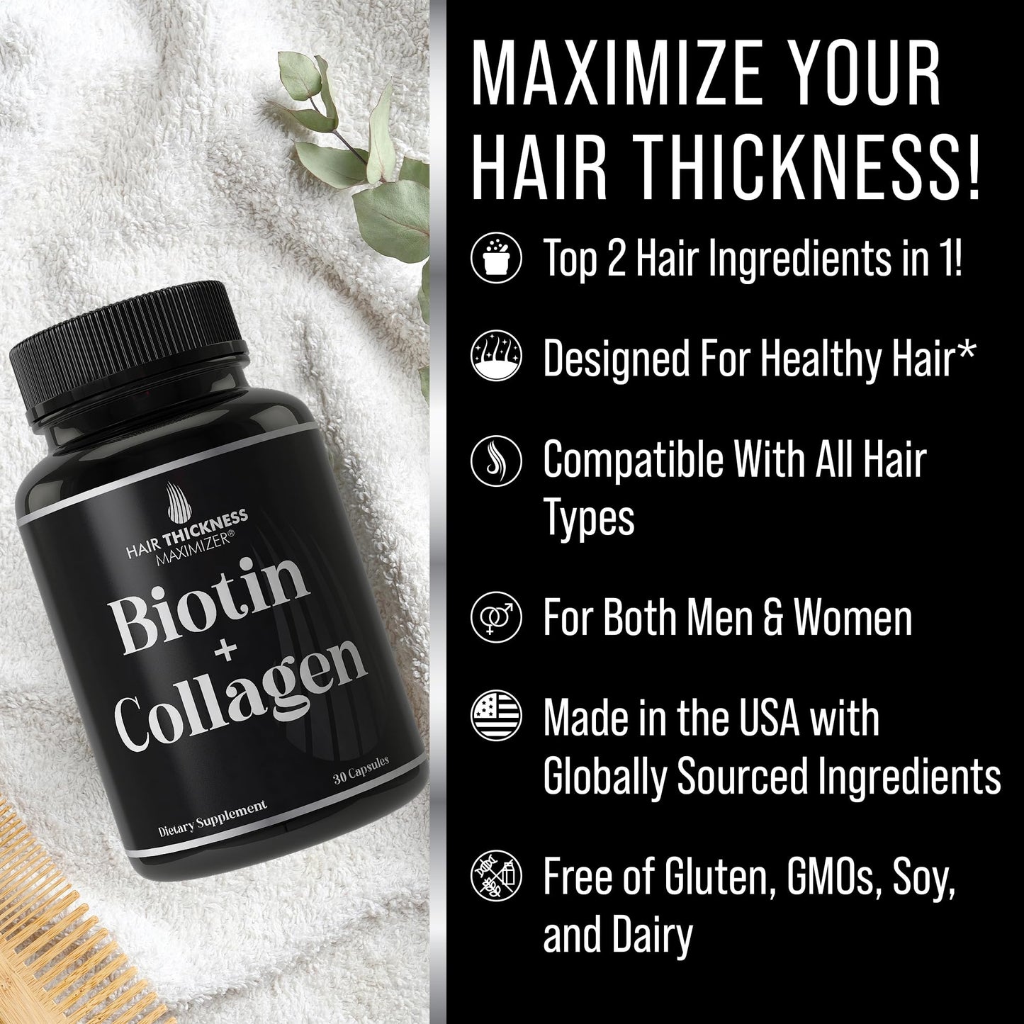 Hair Thickness Maximizer Biotin and Collagen Supplement – 10,000mcg Biotin + Bovine Collagen, Capsule, 30 Count