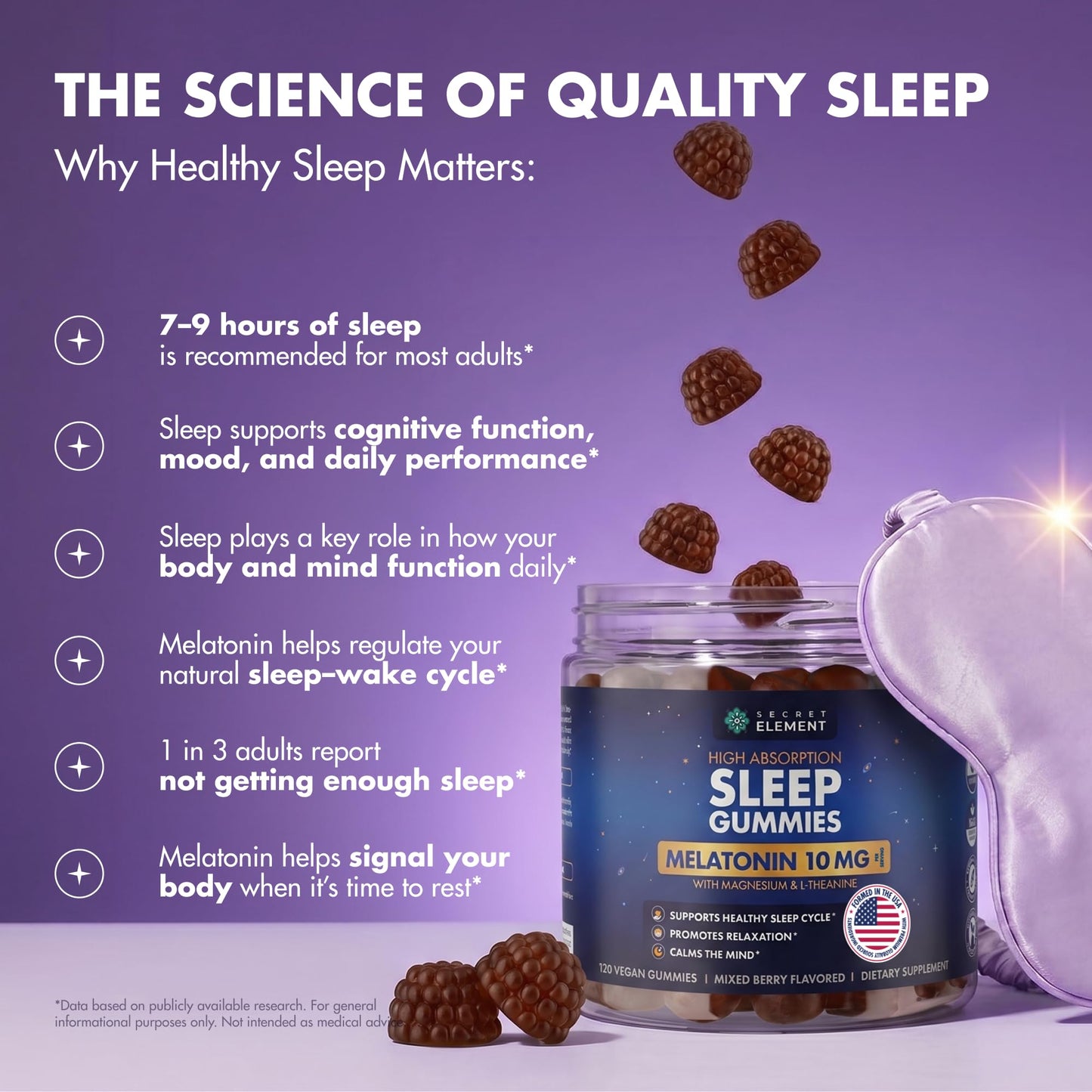 Secret Element Mixed Berry Gummies with Melatonin 10mg, Magnesium & L-Theanine – Vegan, Non-GMO, Sugar Free, 118 Count
