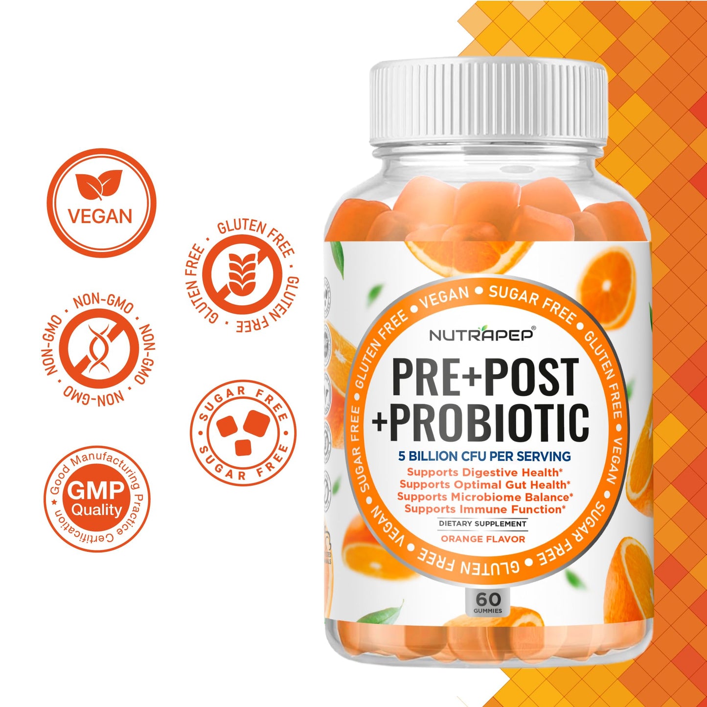 NutraPep Prebiotic Probiotic & Postbiotic Gummies for Women Men & Kids Children 60 Count