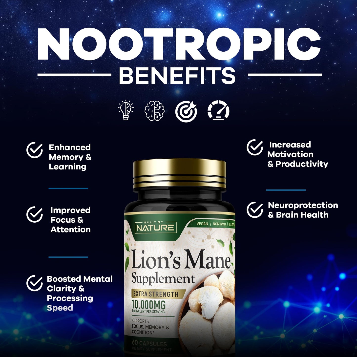 Built by Nature Lion’s Mane Extra Strength Mushroom Supplement for Nootropic Brain Support – Focus, Memory and Cognitive Function Capsules, 60 Capsules
