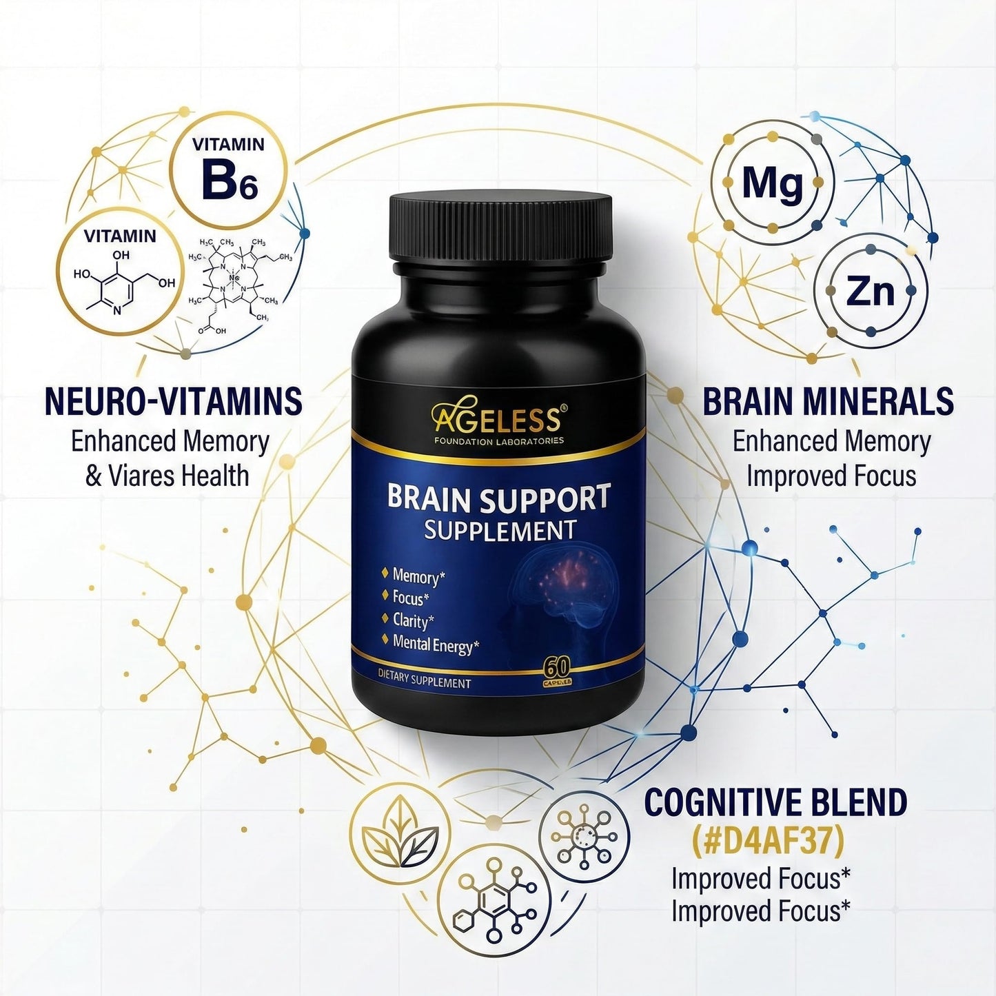 Ageless Foundation Laboratories Ageless Brain Supplement for Memory and Focus Capsule, 60 Capsules
