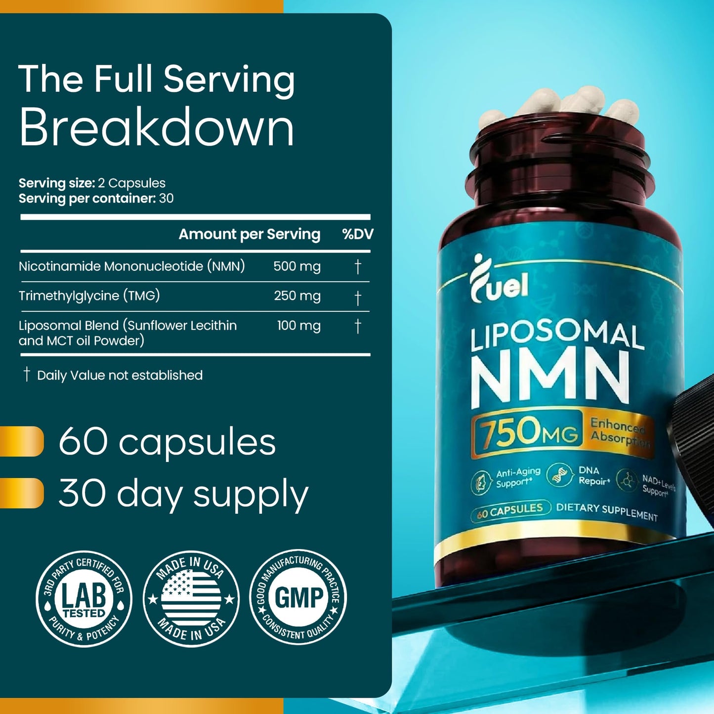 Fuel Liposomal NMN 750mg per Serving (500mg NMN + 250mg TMG) Capsules 60 Count