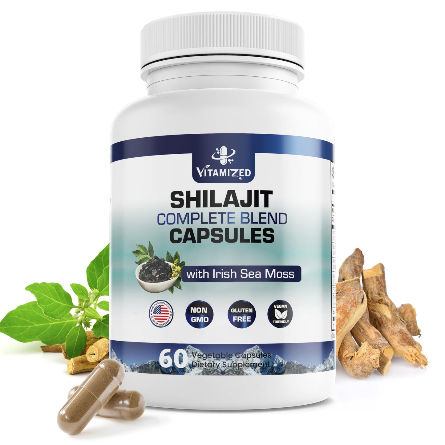 VITAMIZED Shilajit with Ashwagandha Supplement, Irish Sea Moss, Tongkat Ali, & More, 60 Capsules