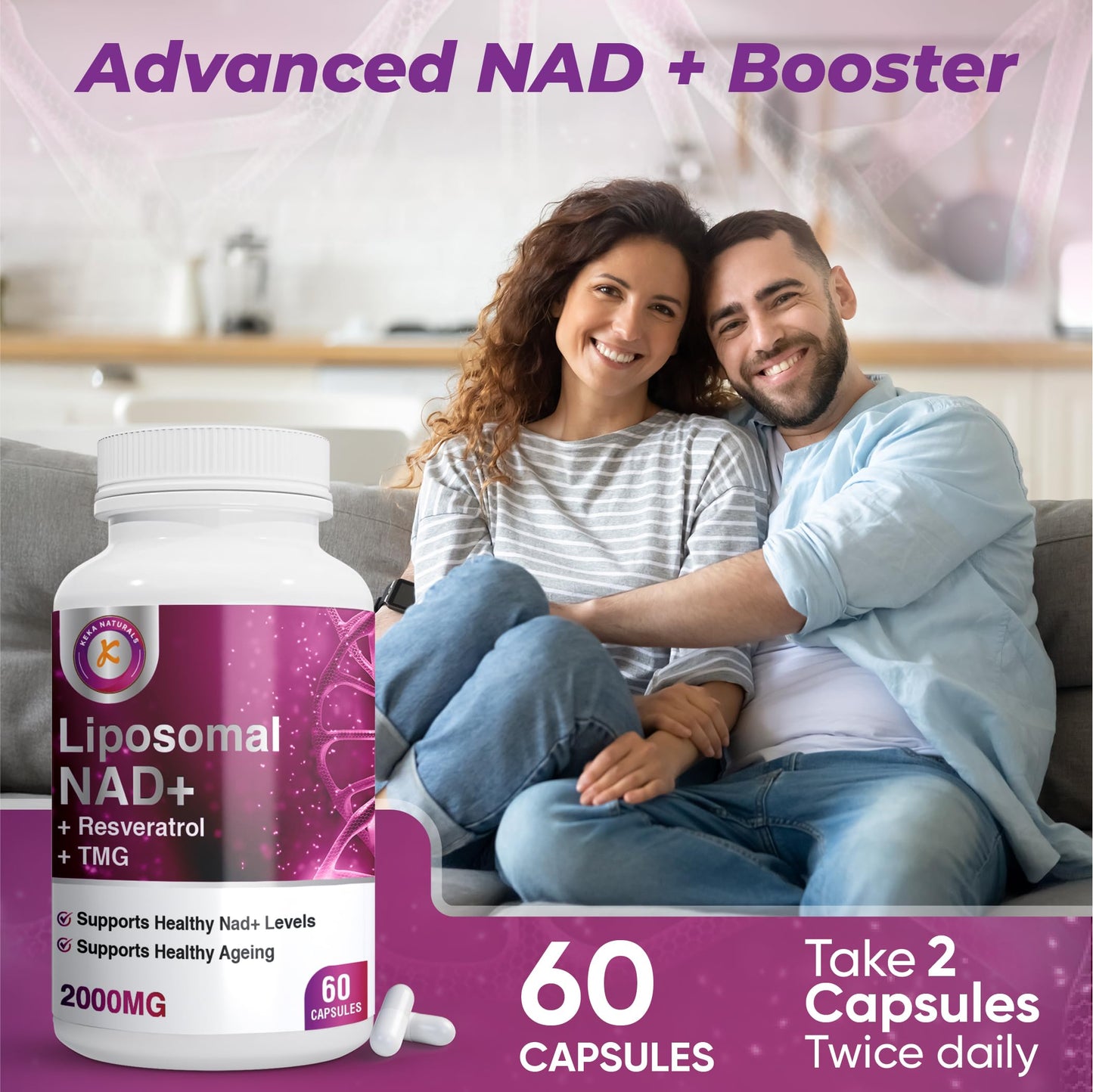 Keka Naturals Pure NAD Resveratrol and TMG, 2000mg, 3 in 1 Advanced Formula, Immune & Energy Support, Skin & Overall Health, 60 Capsules
