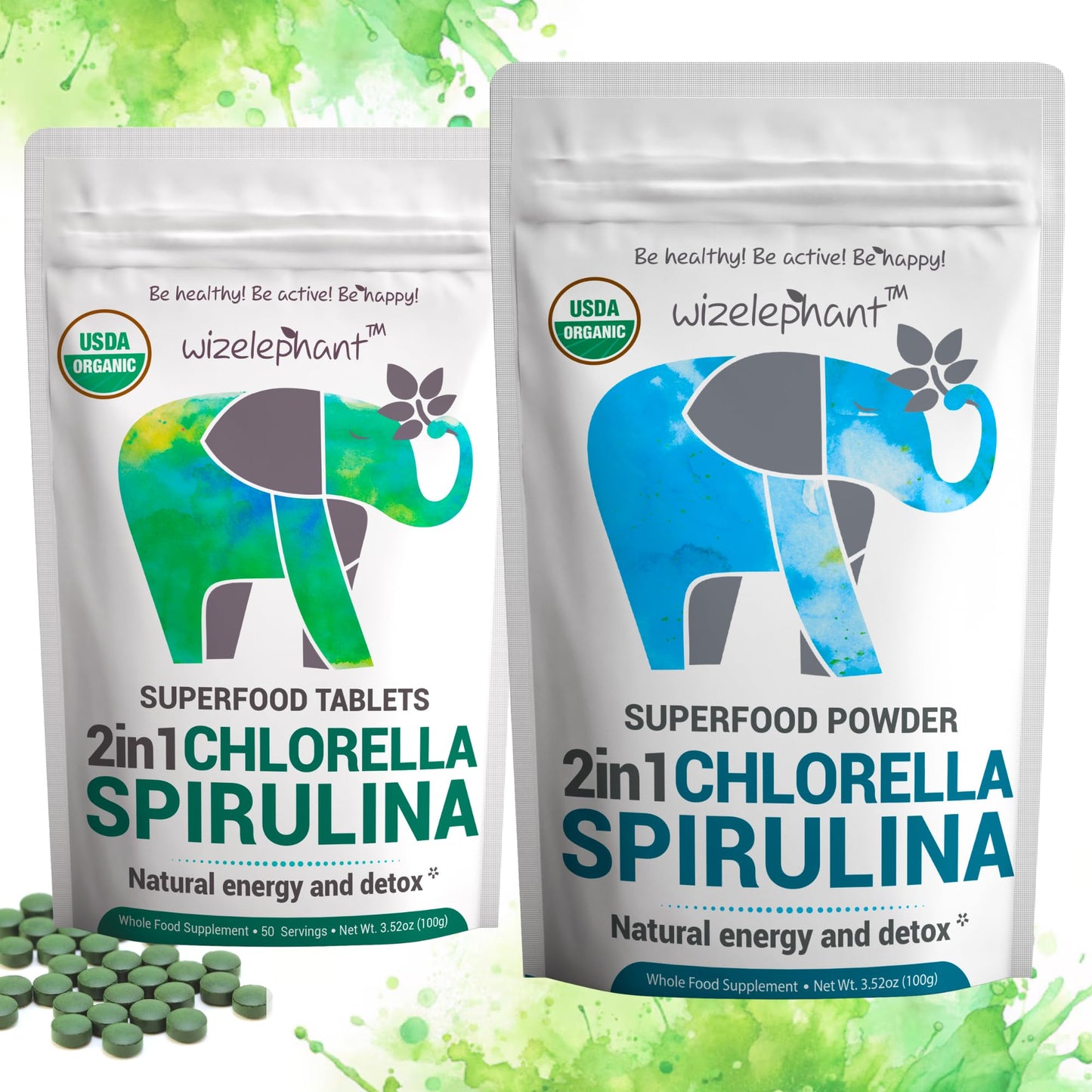 Wizelephant Chlorella Spirulina Powder Organic 3.52 oz