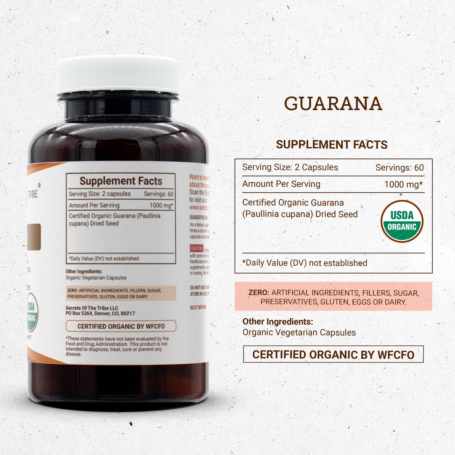 Secrets of the Tribe Guarana Capsules, USDA Organic, 120 Count
