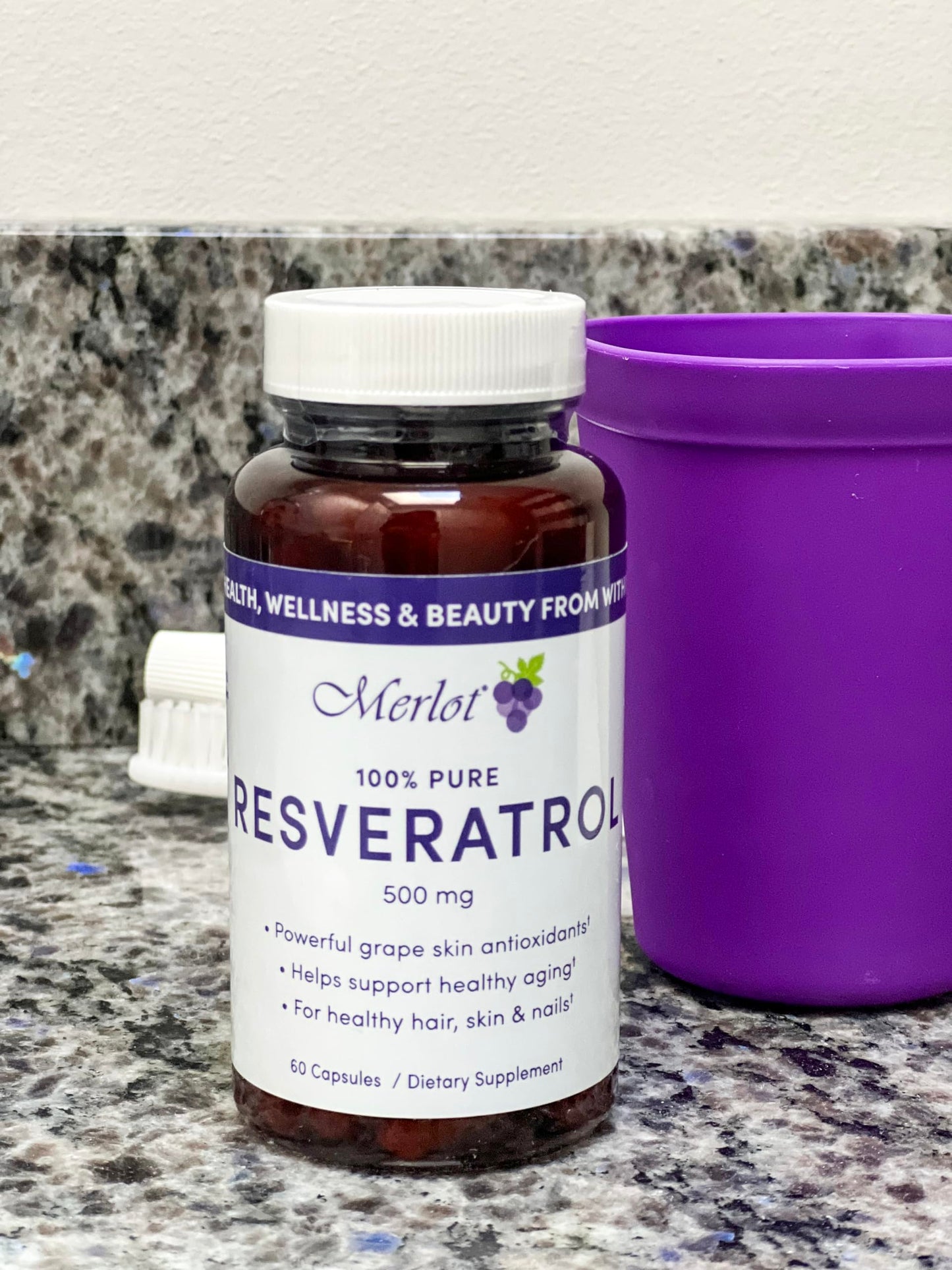 Merlot Resveratrol 500mg Capsule, 60 Count, Non-GMO, Gluten Free, Made in USA