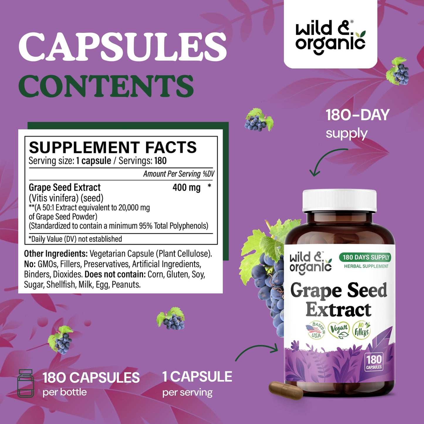 Wild & Organic Grape Seed Extract Capsules 400 mg - 95% Polyphenols, 180 Vegan Capsules