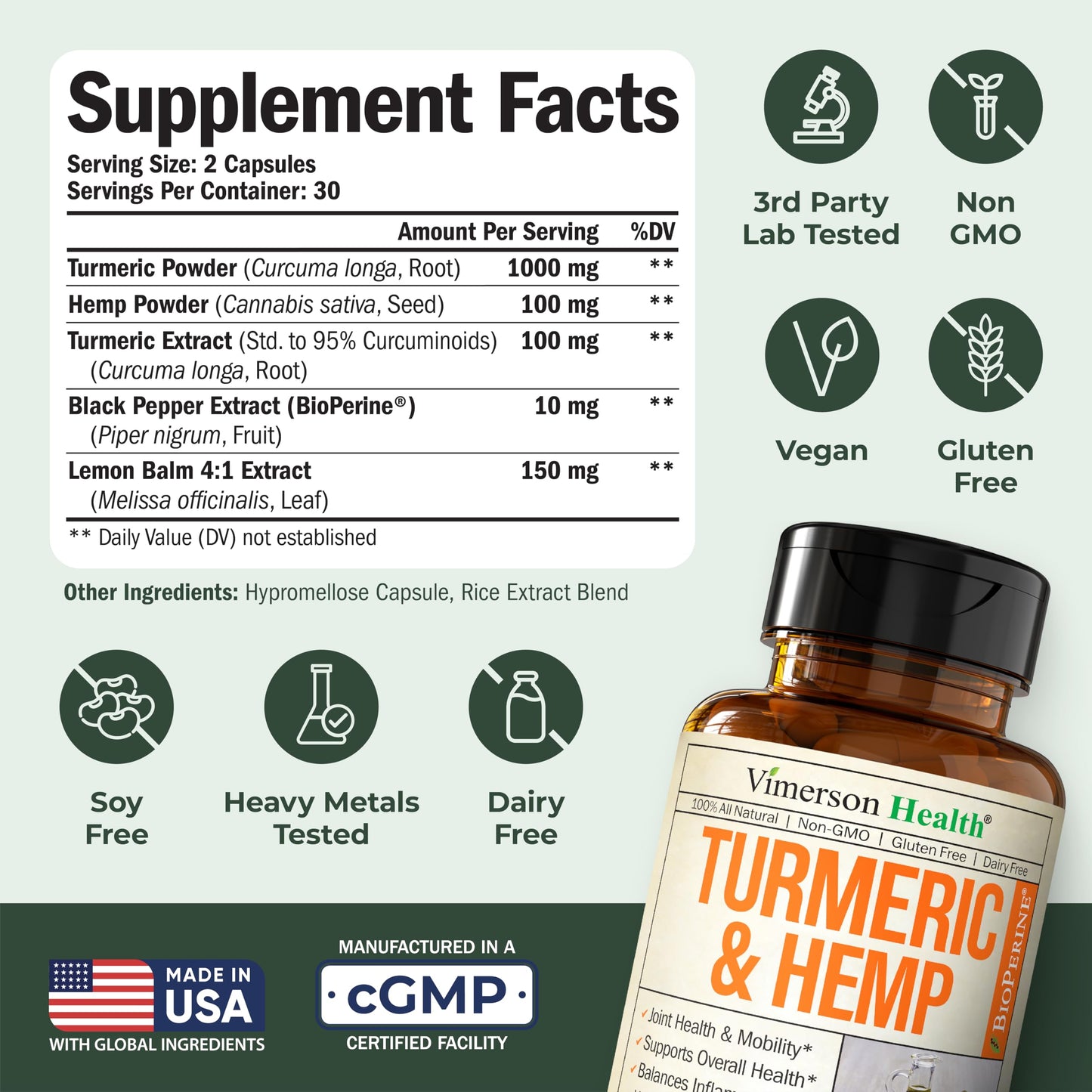 Vimerson Health Turmeric Curcumin Supplement with Hemp Seeds & Lemon Balm Extract – Joint Health & Mobility Capsule, 120 Count
