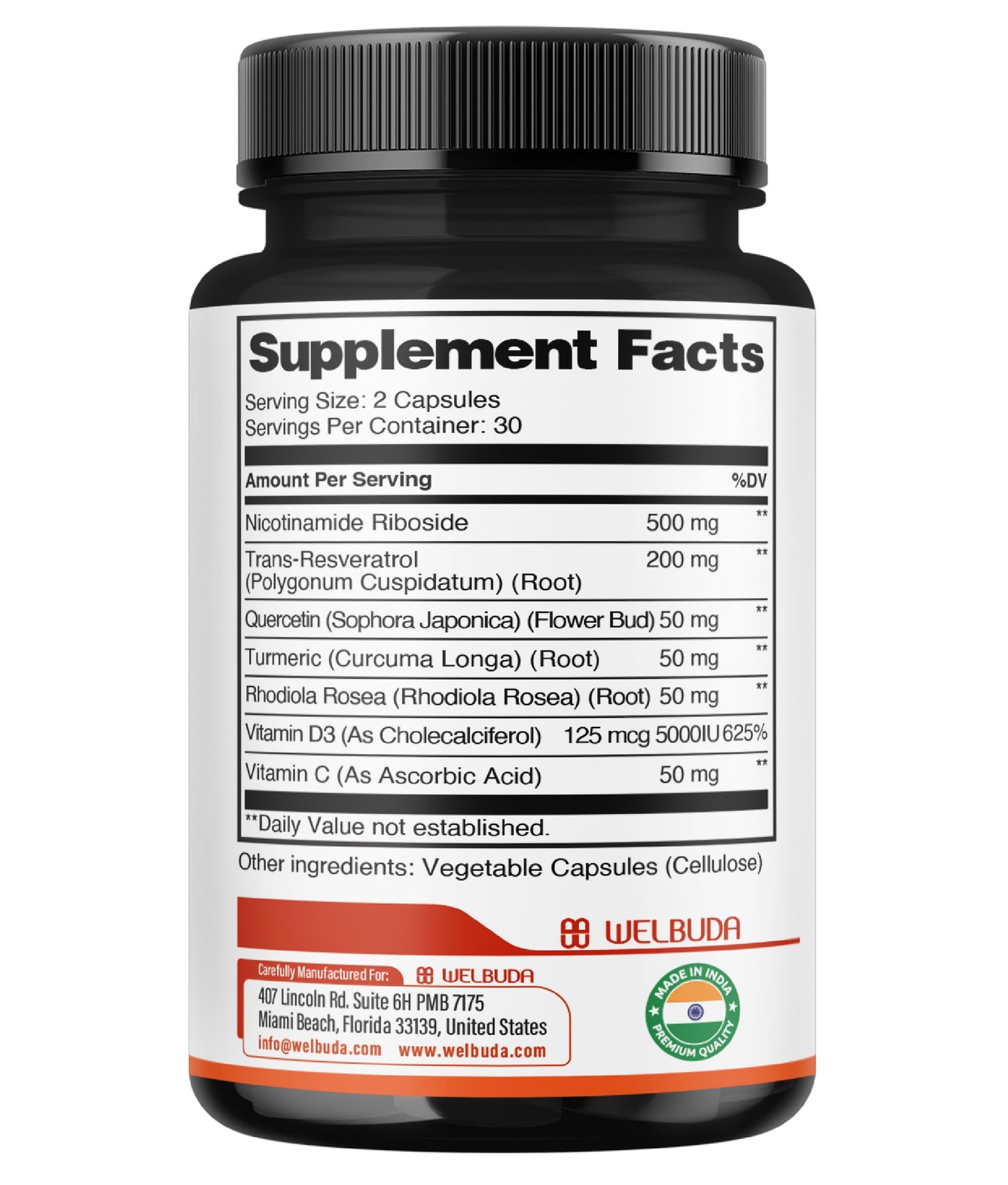 WELBUDA NAD+ Supplement with Nicotinamide Riboside 60 Capsules