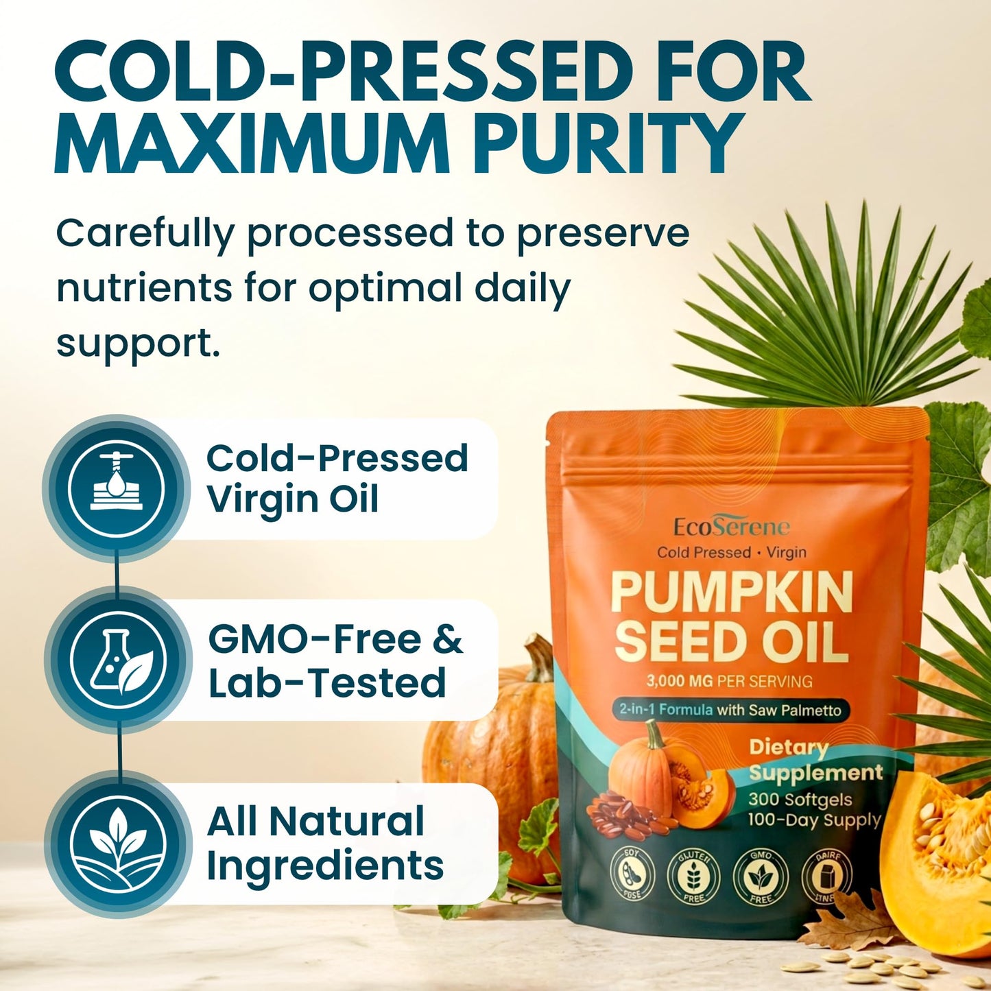ECOSERENE Pumpkin Seed Oil with Saw Palmetto Softgels 300 Count