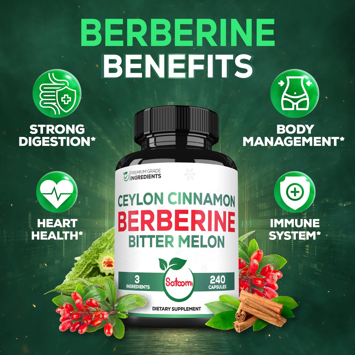 Satoomi Berberine 1500mg Supplement with Organic Ceylon Cinnamon Bark & Bitter Melon, 240 Capsules