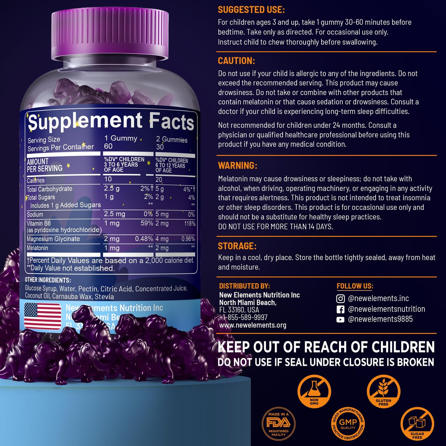 New Elements Melatonin Gummies Kids 2mg with Magnesium Glycinate & Vitamin B6 Gummy, 60 Count