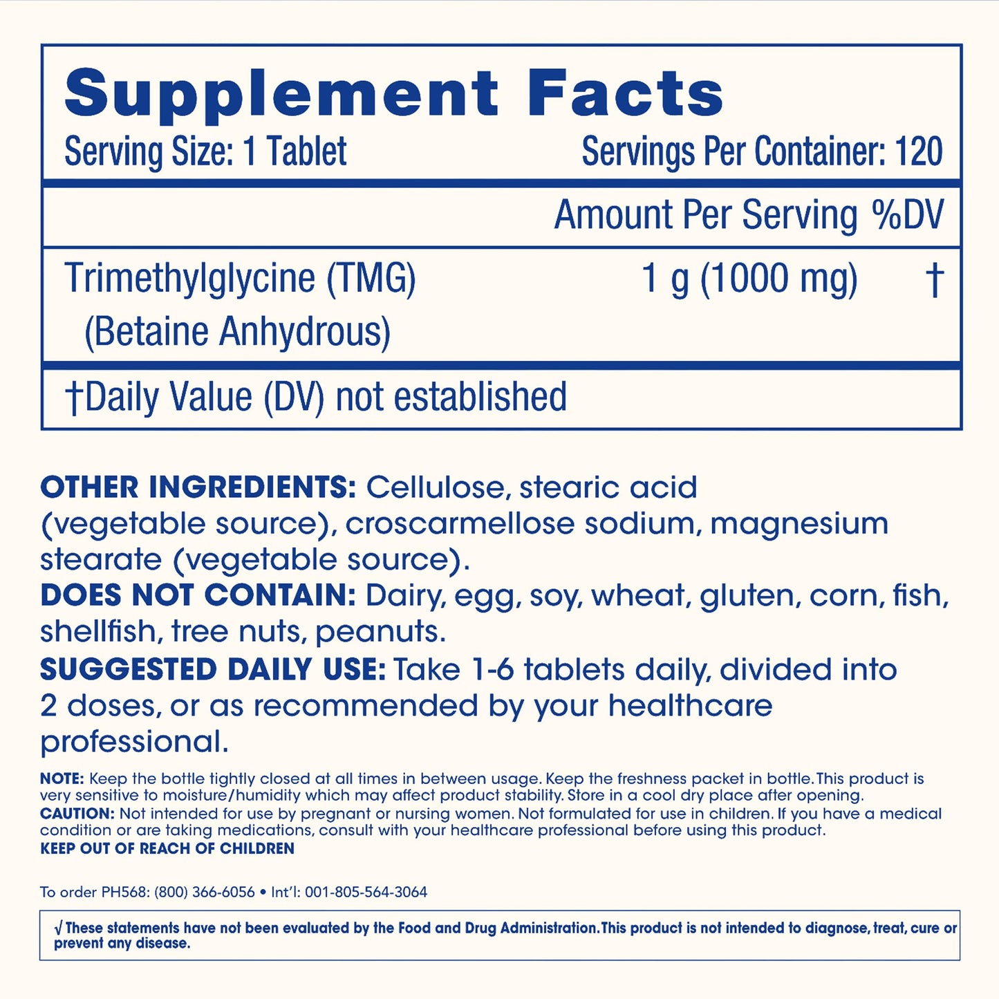 ProHealth Longevity TMG Supplements Betaine Anhydrous - 1,000 mg Capsules, 120 Capsules