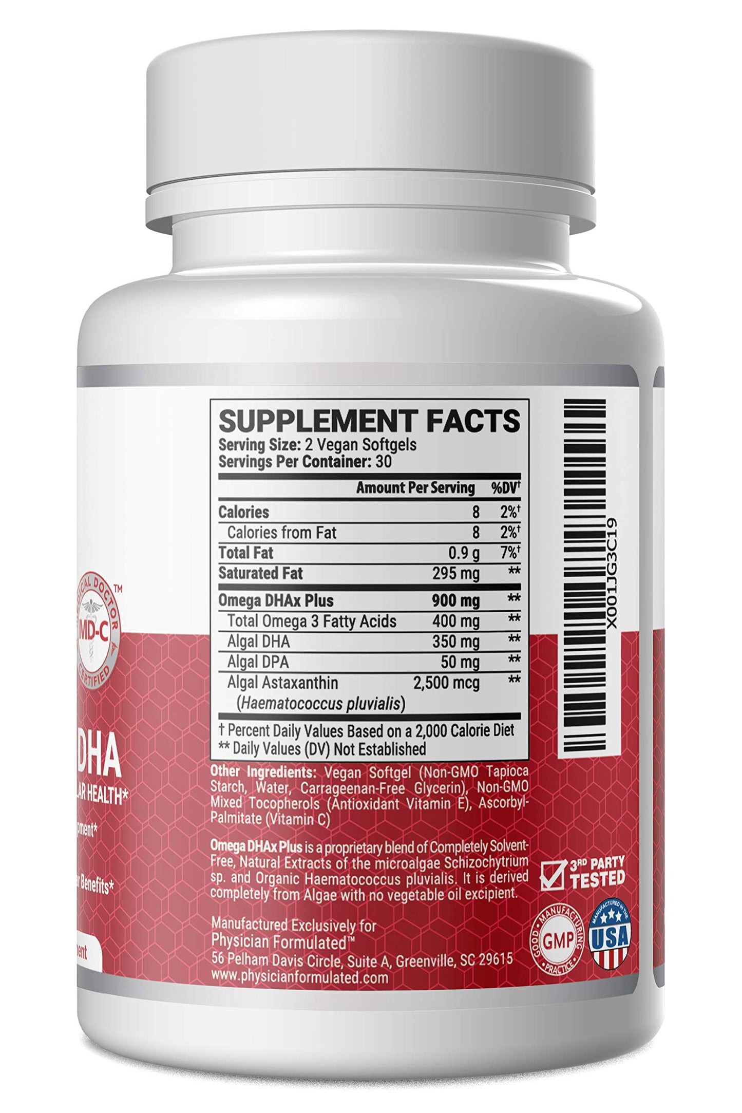 Physician Formulated Vegan DHA for Brain and Prenatal 100% Algae Based Omega 3 Essential Fatty Acids Softgel 60 Softgels
