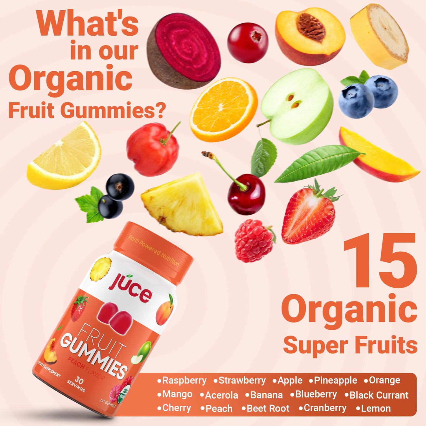 Terra Kai Organics Juce Fruit Gummies with Peach Flavor Gummies 60 Count