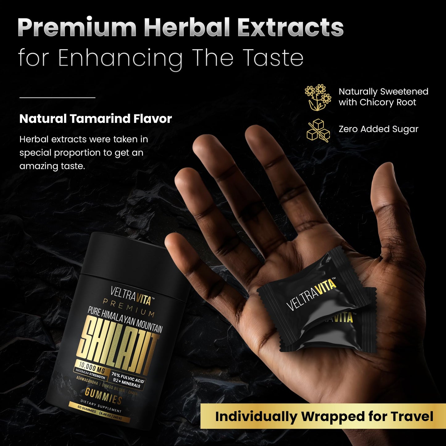 VeltraVita Pure Himalayan Shilajit Gummies with Ginkgo Biloba, Chaga & KSM-66 Ashwagandha, 60 Gummies