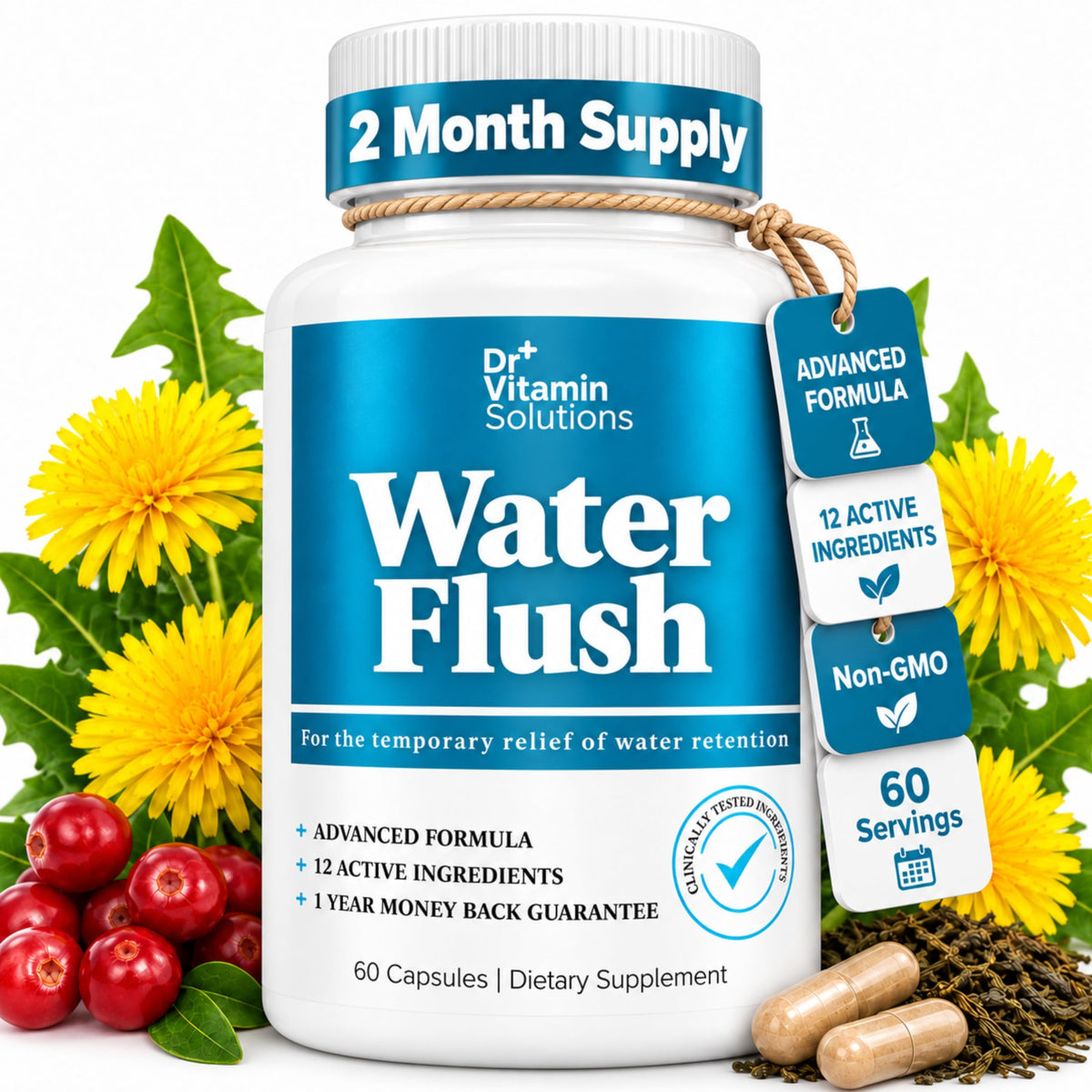 Diuretic Water Pills for Women, Water Flush & Swelling Relief, 60 Caps