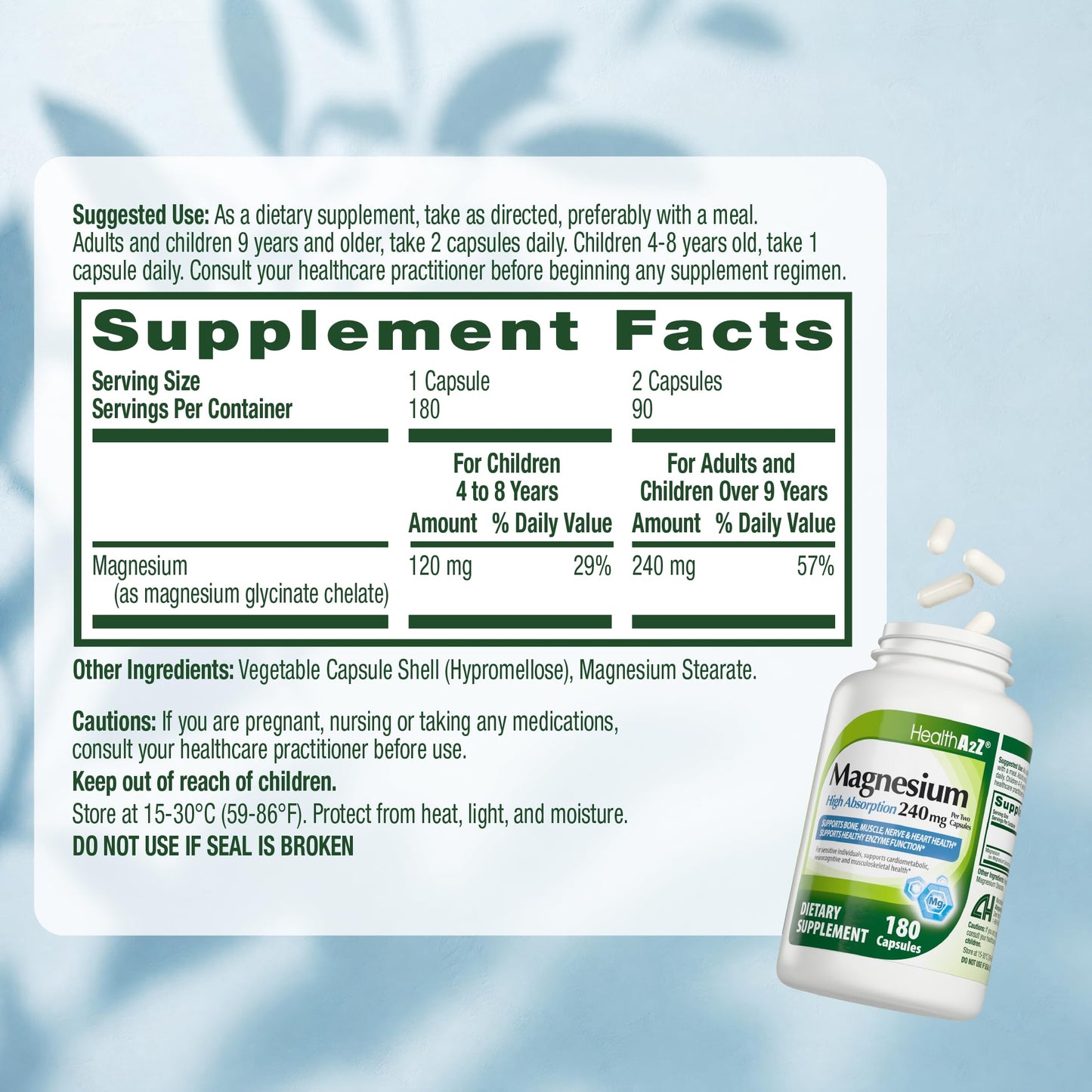 HealthA2Z Magnesium Glycinate 240 mg High Absorption Dietary Supplement, 60 Capsules