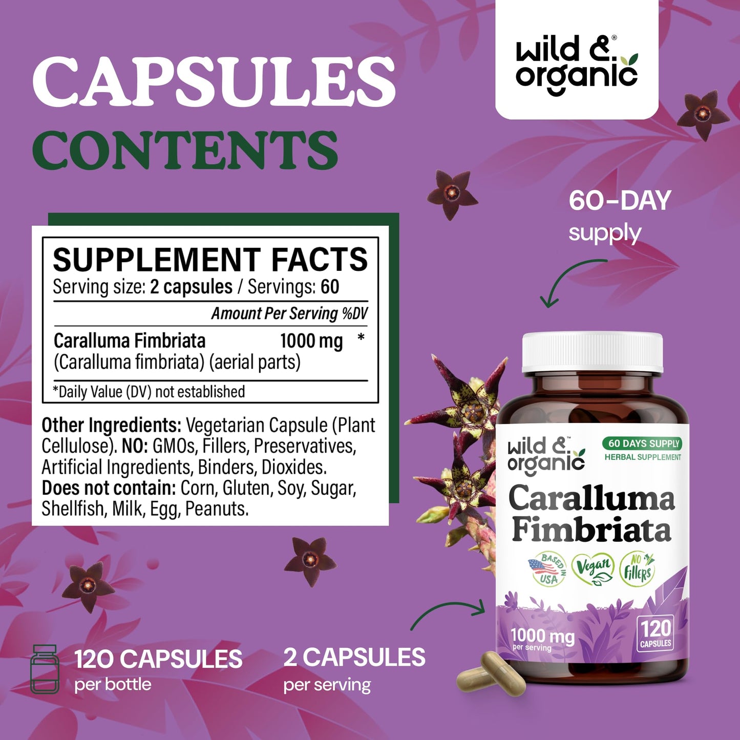 Wild & Organic Caralluma Capsules 1000 mg, 120 Count