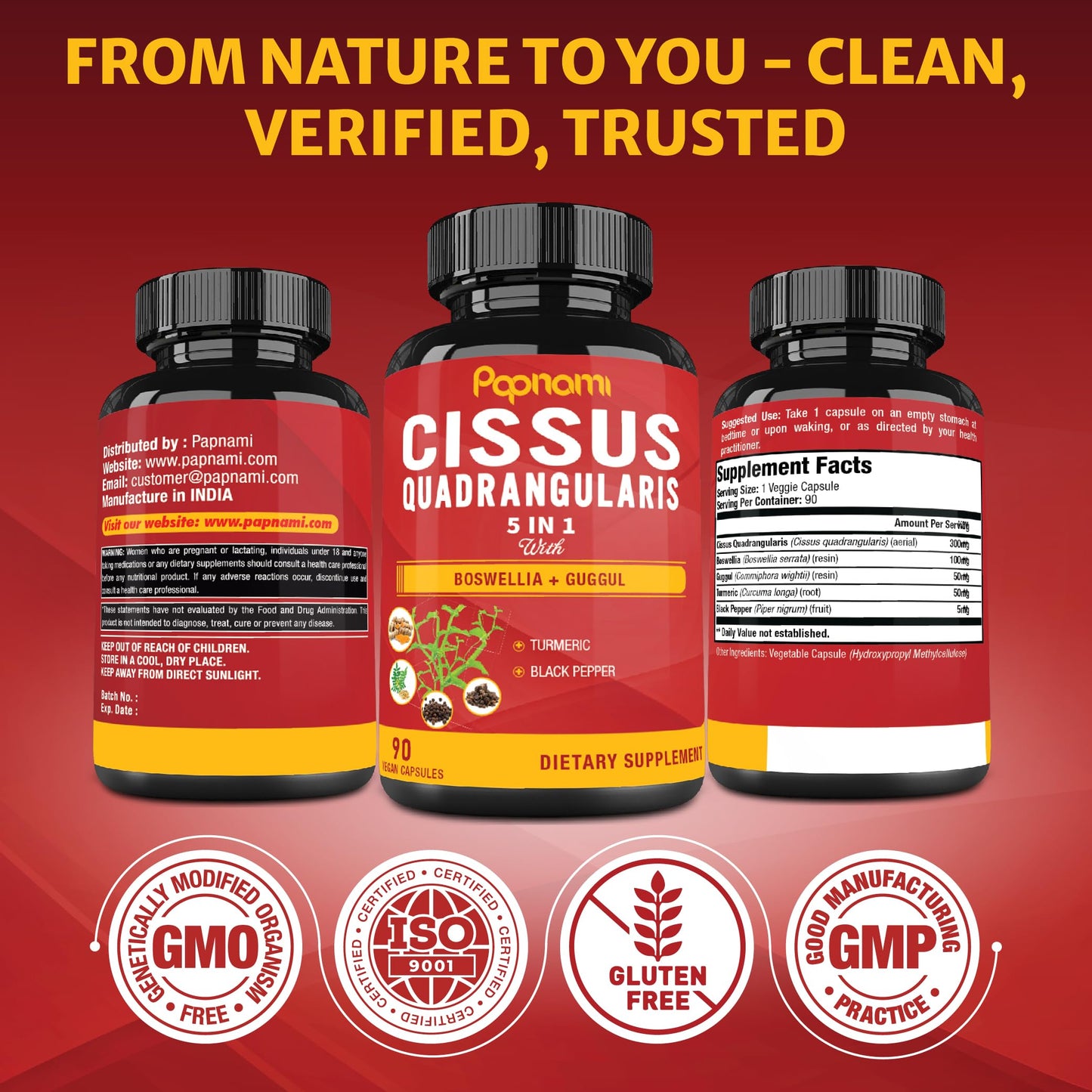 Papnami Super Cissus Quadrangularis Extract Capsules with Boswellia, Guggul, Turmeric, Pepper, 90 Count