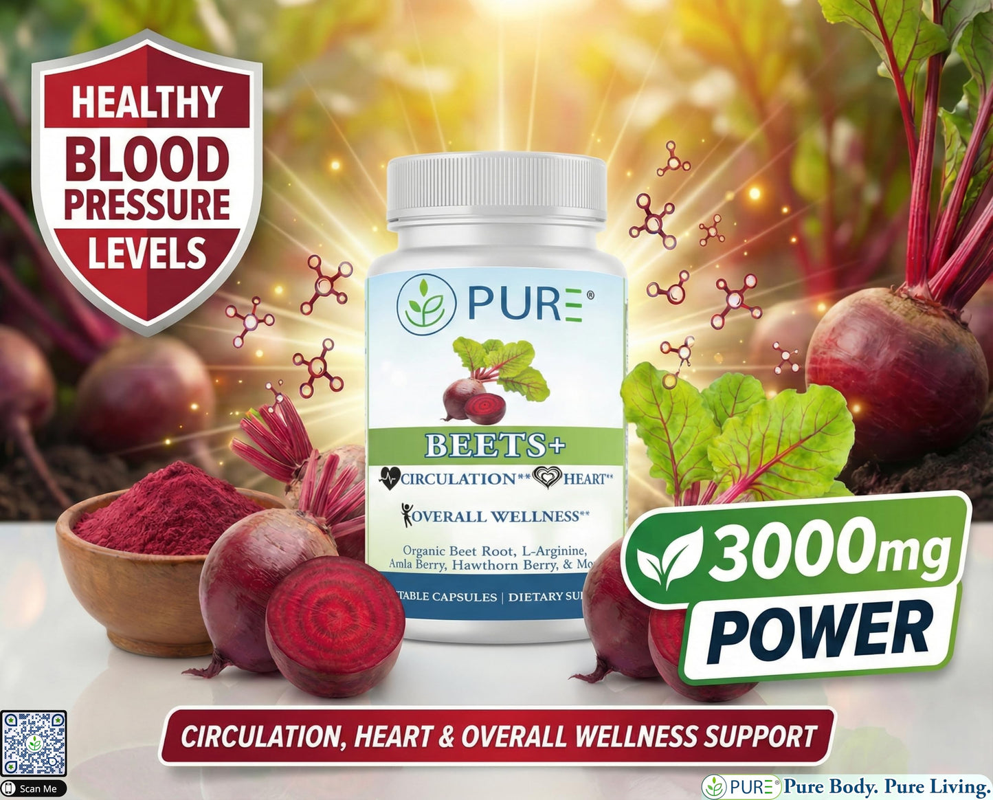 PURE Beets+ Organic Beet Root Capsules 900mg 90 Count