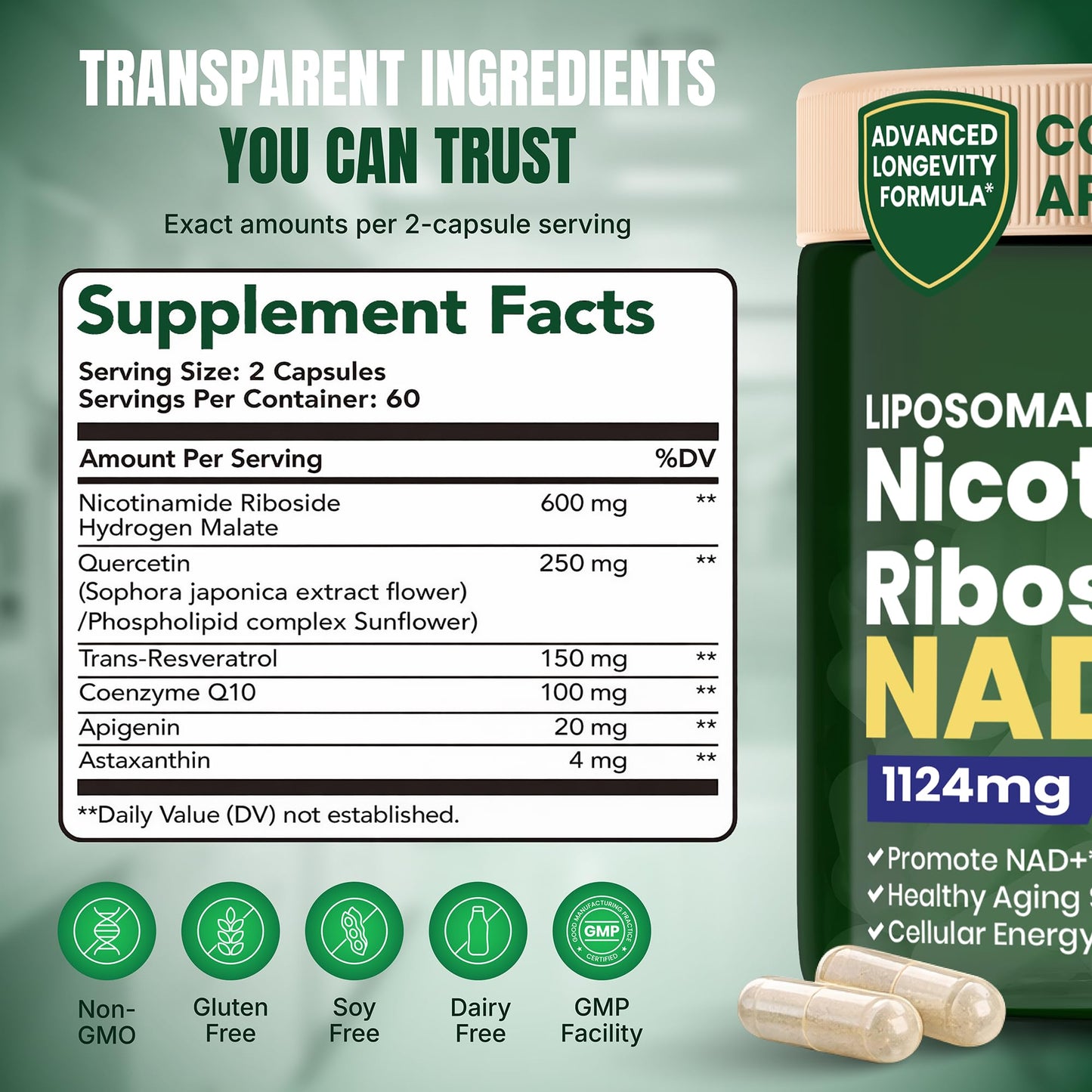 Raitera NAD+ Supplement with Nicotinamide Riboside, Resveratrol & Quercetin, 120 Capsules