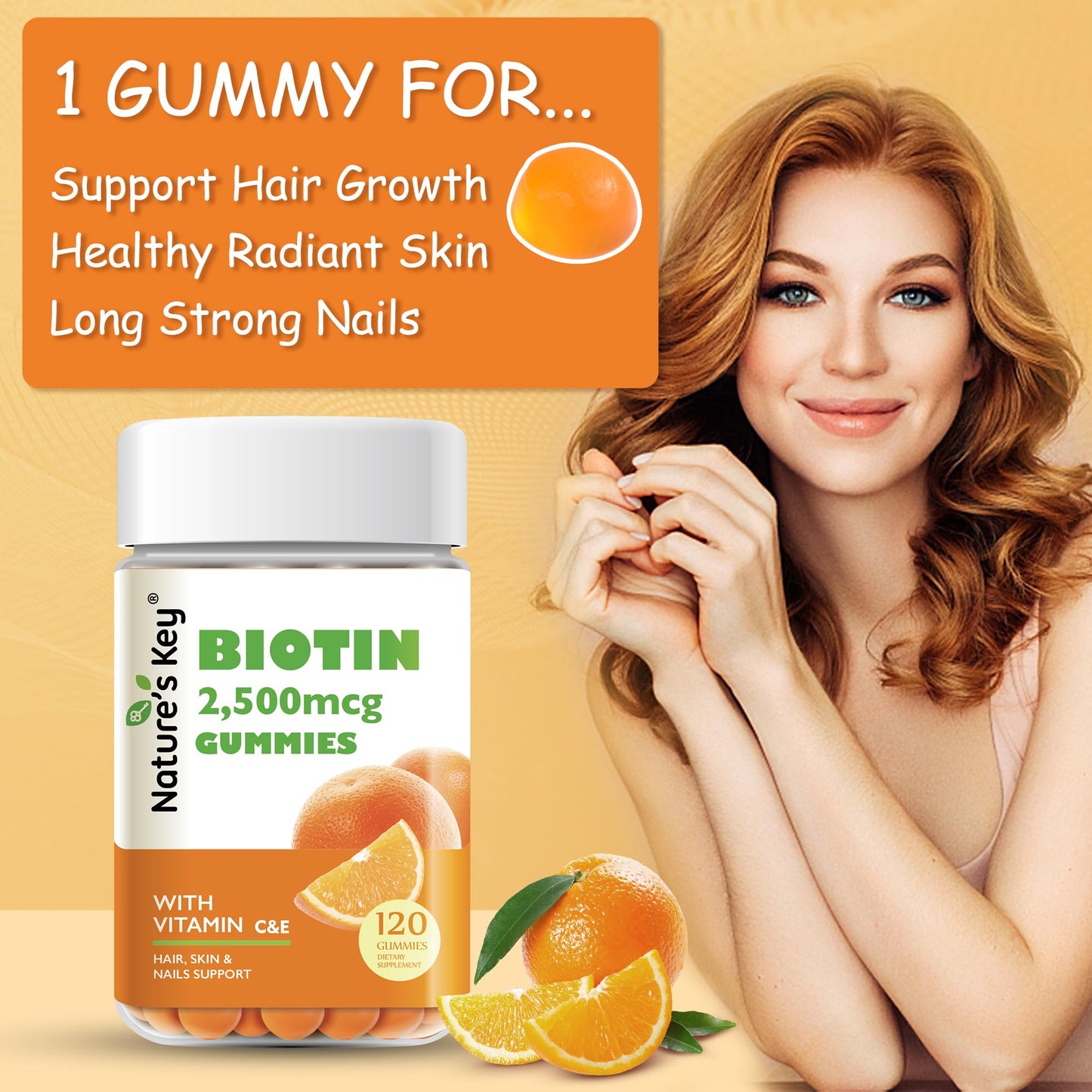 Nature's Key Biotin Gummies with Vitamin C and E, for Hair & Nails Growth and Beautiful Skin, Vegan, Orange Flavor, 120 Gummies