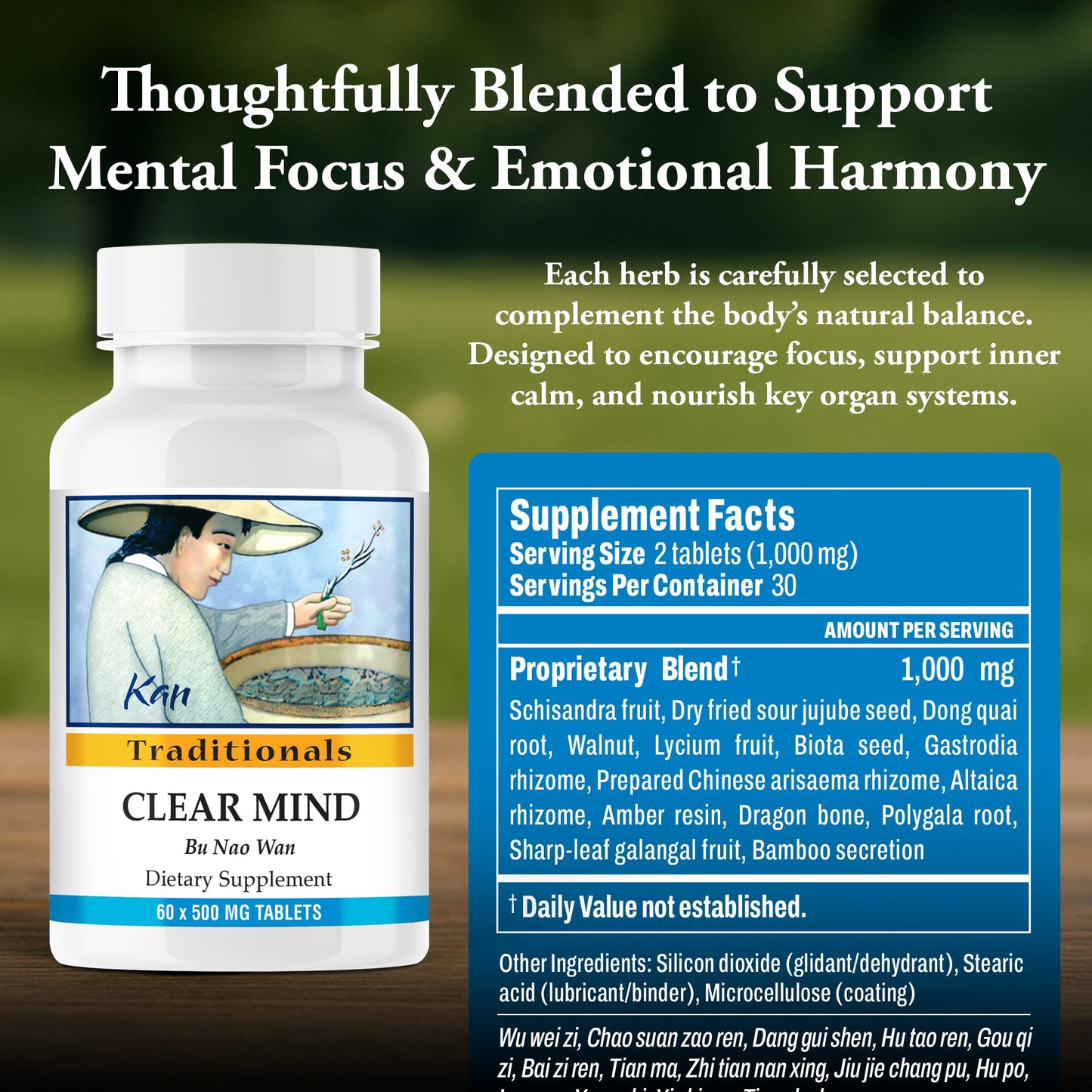 Kan Herbs Clear Mind Formula – Traditional Chinese Herbal Blend for Cognitive Clarity and Spirit Support, Nourishes Heart Yin and Blood, Calms Shen Tablets, 60 Count
