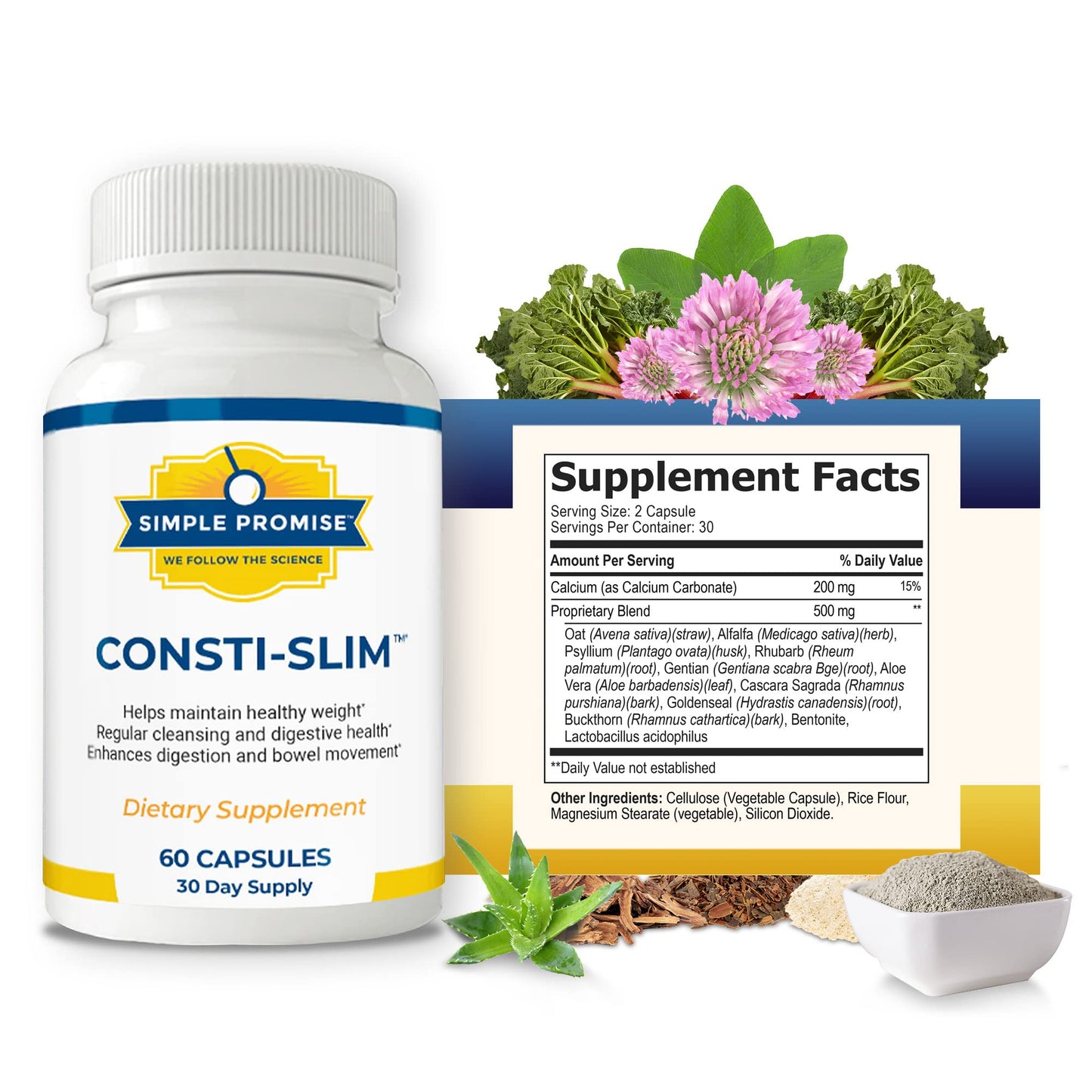 Simple Promise Consti-Slim Digestive Support for Women and Men Psyllium Husk Fiber Capsule, 60 Capsules