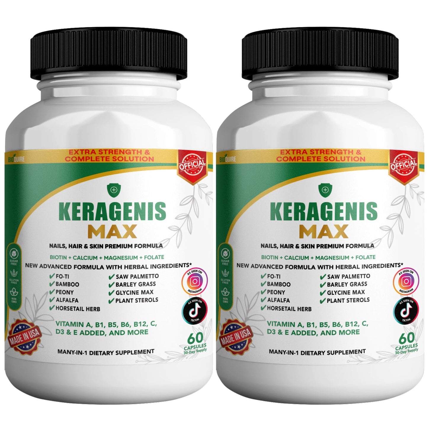 BIOQUIRE Keragenis Max Hair, Skin & Nails Supplement with Biotin 5000mcg Capsules, 60 Count