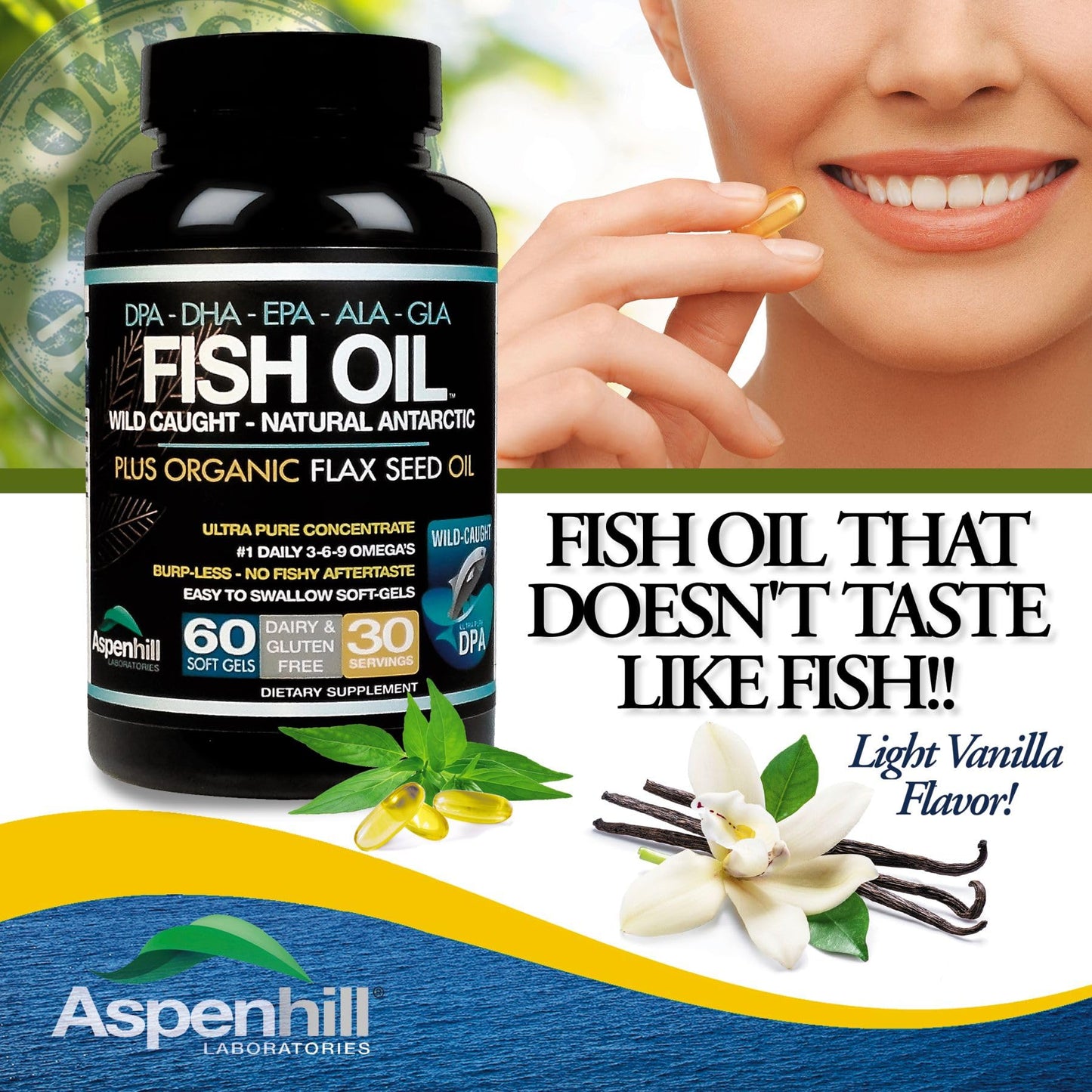 Aspenhill Laboratories Triple Strength Wild-Caught Antarctic Fish Oil Omega-3 with Organic Flax Seed, Omega Ultra Blend DPA EPA DHA GLA ALA Softgels 60