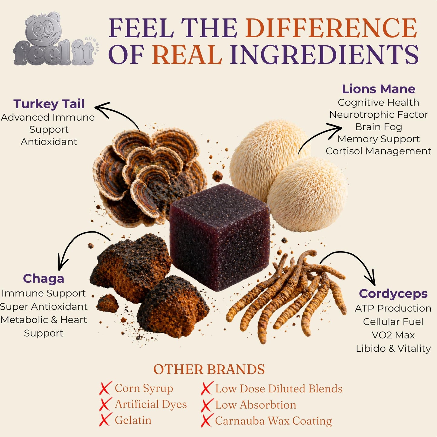 Feel It Gummies Premium Mushroom Blend with Lion's Mane, Cordyceps & Chaga - High Potency Nootropic Focus, Immune Support & Energy, Fruiting Body Extract, 60 Gummies