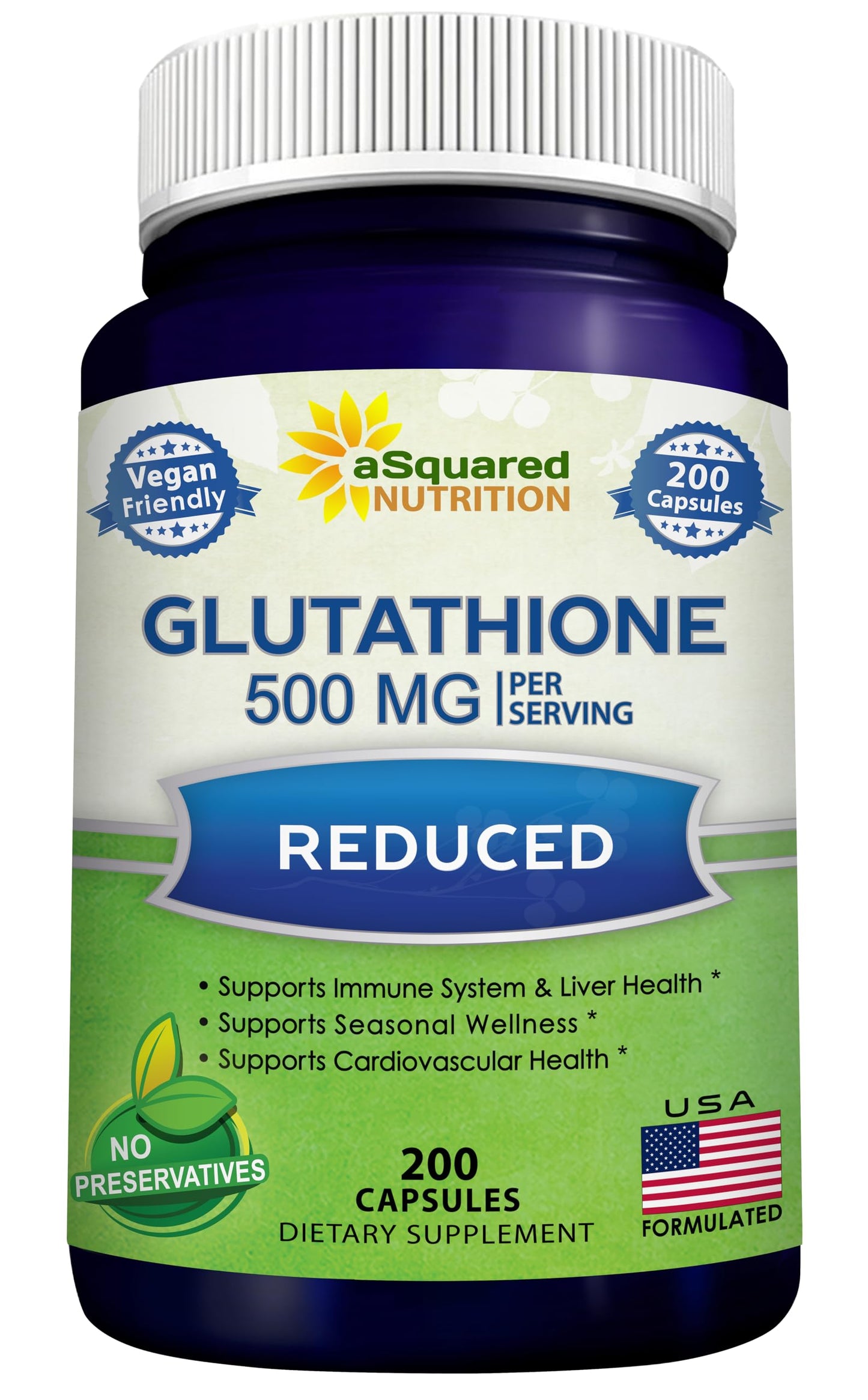 aSquared Nutrition Reduced Glutathione 500mg Per Serving Capsule, 200 Count