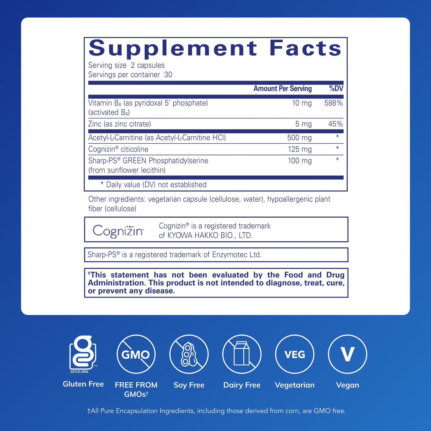 Pure Encapsulations CogniPhos Acetyl-L-Carnitine Supplement with Cognizin Citicoline & Phosphatidylserine - Supports Memory & Positive Mindset - Vitamin B6 & Zinc - Gluten-Free Capsules, 60 Count