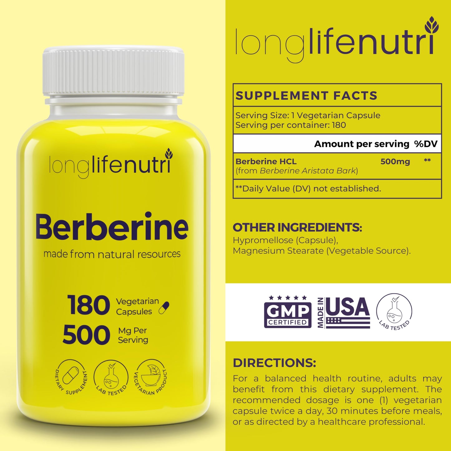 LongLifeNutri Berberine 500mg HCL Extract Vegetarian Capsules, 180 Count