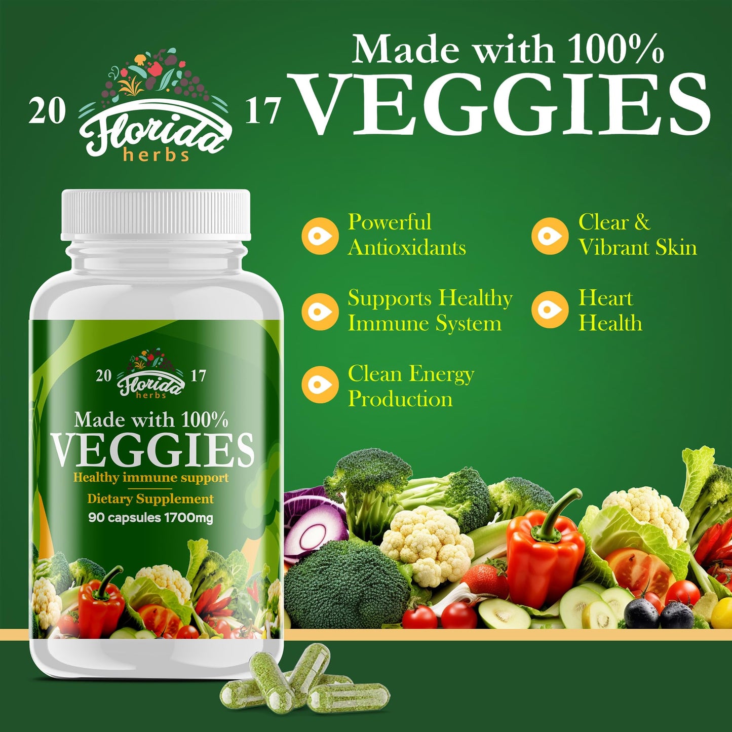 FLORIDA HERBS Fruits and Vegetables Supplement Capsules 90 Count