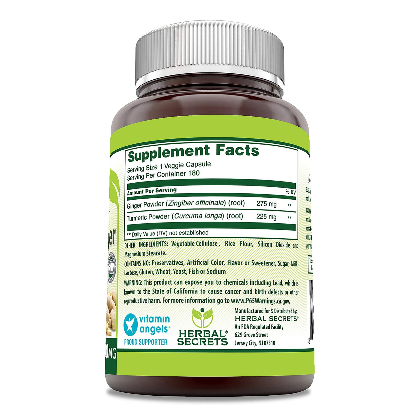 Herbal Secrets Turmeric & Ginger 500 mg Veggie Supplement 180 Capsules
